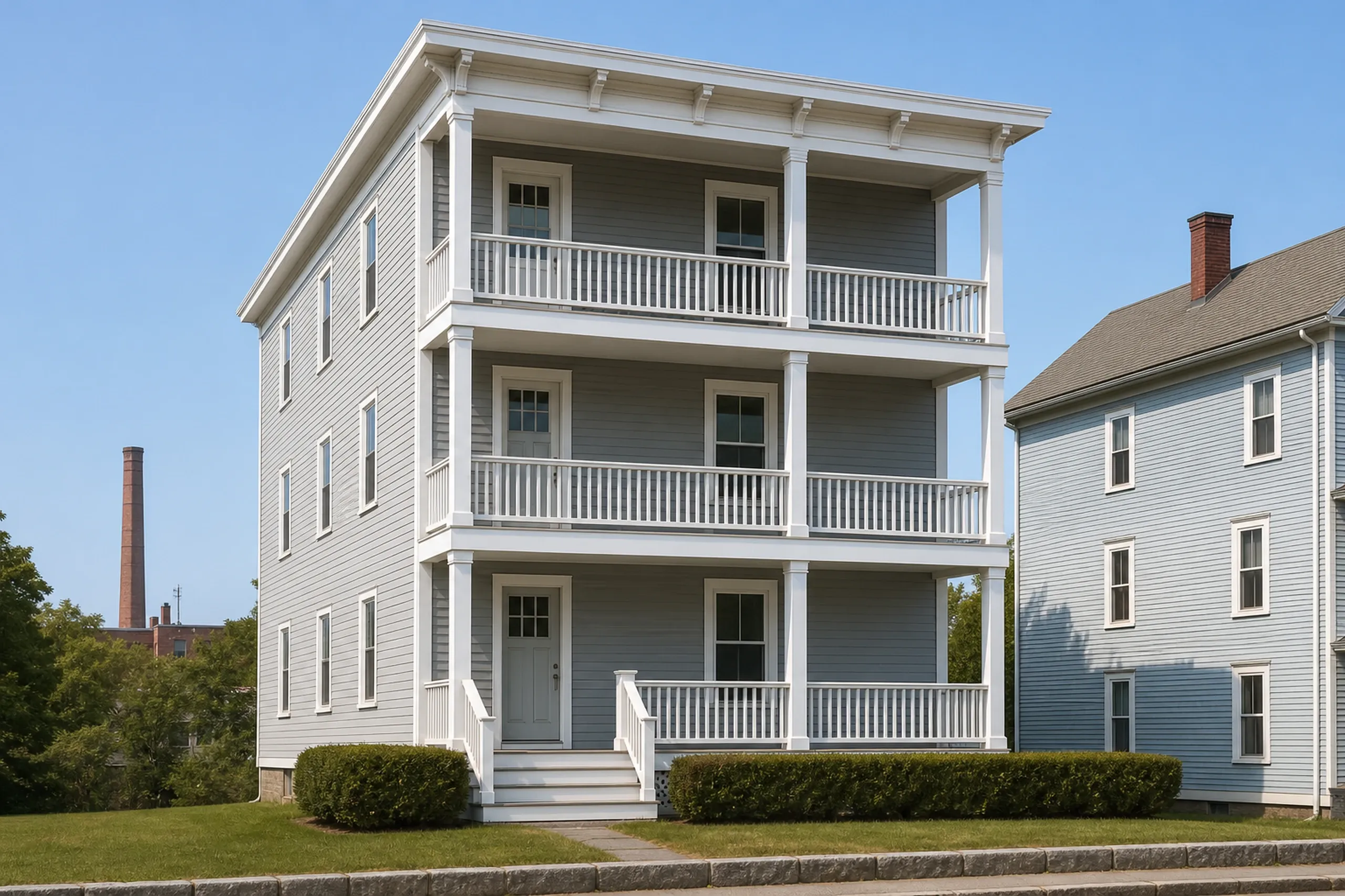 Siding installation in Biddeford, ME: a three-story wood-frame triple-decker finished in smooth light gray fiber cement lap siding with crisp white trim and stacked front porches, small front yard, summer