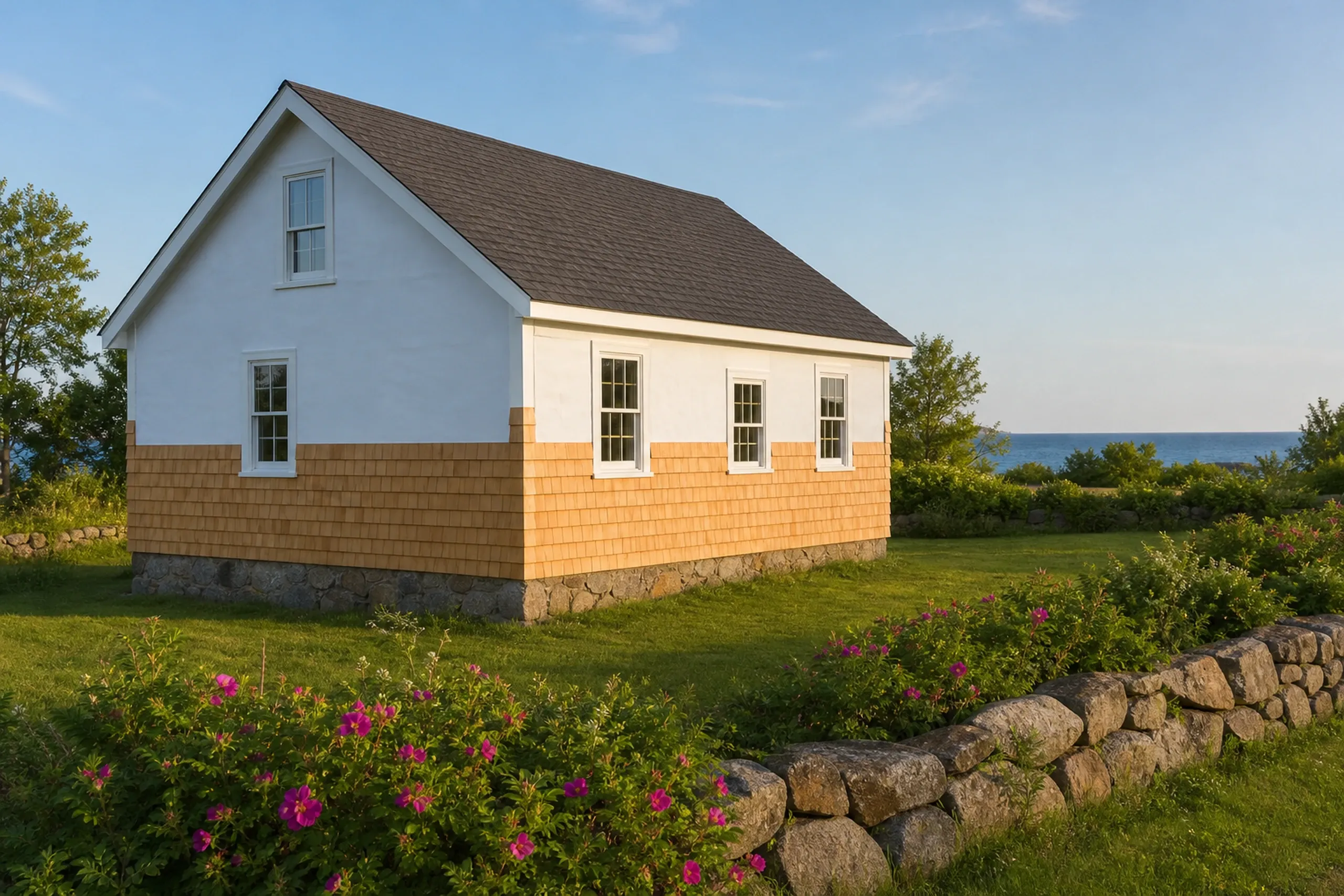 Cedar shingles at Biddeford Pool, ME: new natural cedar shingle courses going up on a seasonal cottage wall over plain white housewrap, a woven corner and a granite foundation, late spring