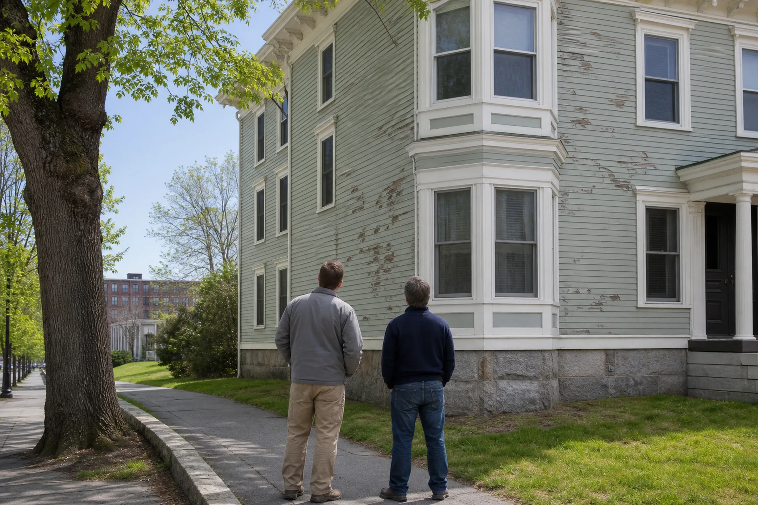 Biddeford Victorian first visit, cracked clapboards: At a three-story Biddeford Victorian two-family near the mills, two people, a siding installer and a homeowner, seen from behind, stand with hands at their sides looking up at painted clapboards with several cracked boards and peeling paint beside the bay window, clear late-spring morning light.