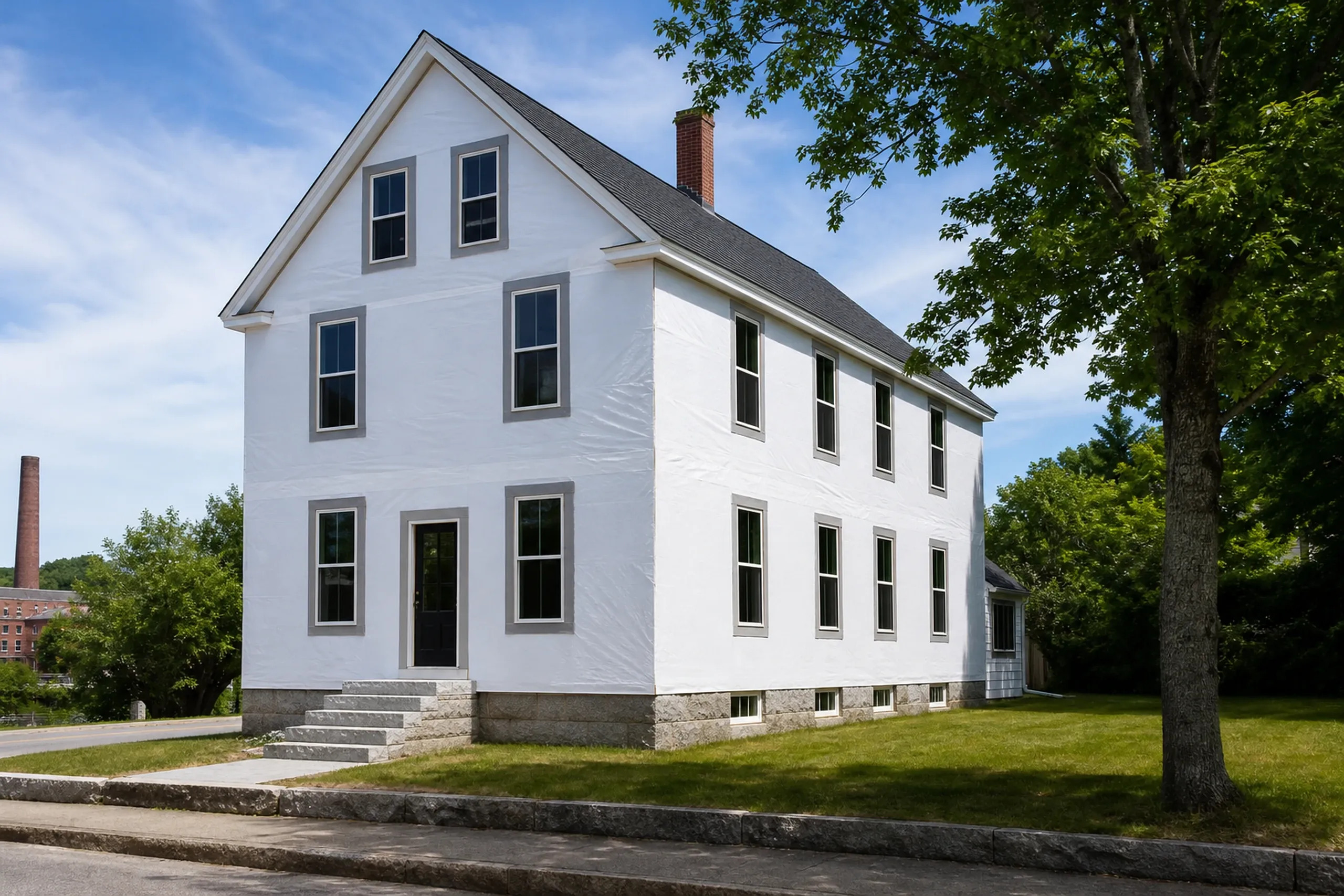 Biddeford two-family housewrap and flashing stage: The front wall of a Biddeford mill-era two-family at an in-progress housewrap and window flashing stage, plain white housewrap smooth across the entire wall and every window opening edged with fresh flashing, nothing else on the wall yet, bright early-summer afternoon light.