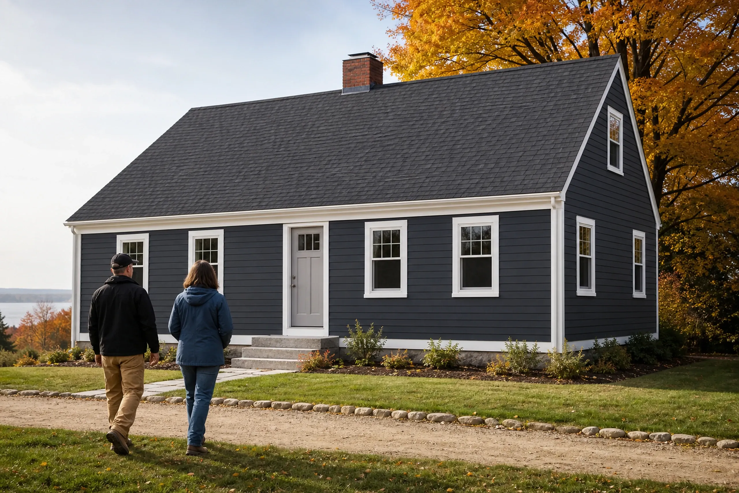 Biddeford cape final walkaround, new LP lap: In crisp early-autumn light, two people, a siding installer and a homeowner, seen from behind, walk along a re-sided Biddeford cape finished in deep charcoal LP lap siding with bright white corner boards, white window trim and a pale gray front door, maples turning behind it.