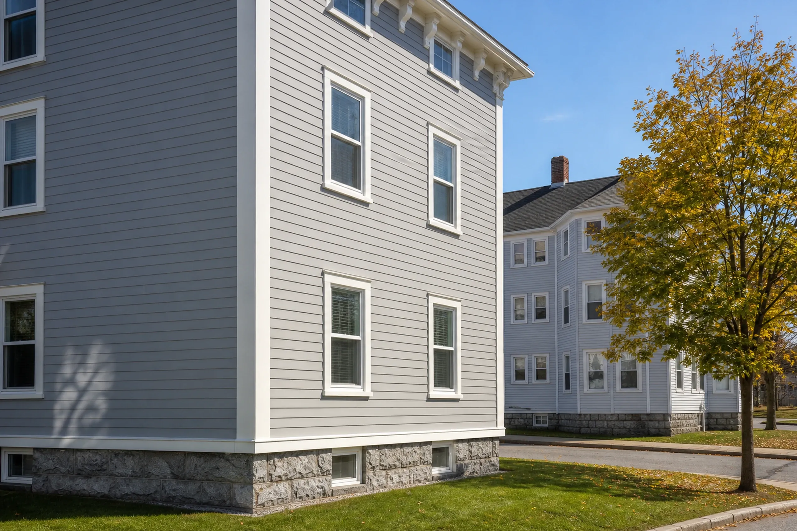 Hardie siding on a Biddeford triple-decker: smooth fiber cement lap boards with a narrow reveal meeting a painted white corner board on a three-story worker house, early fall