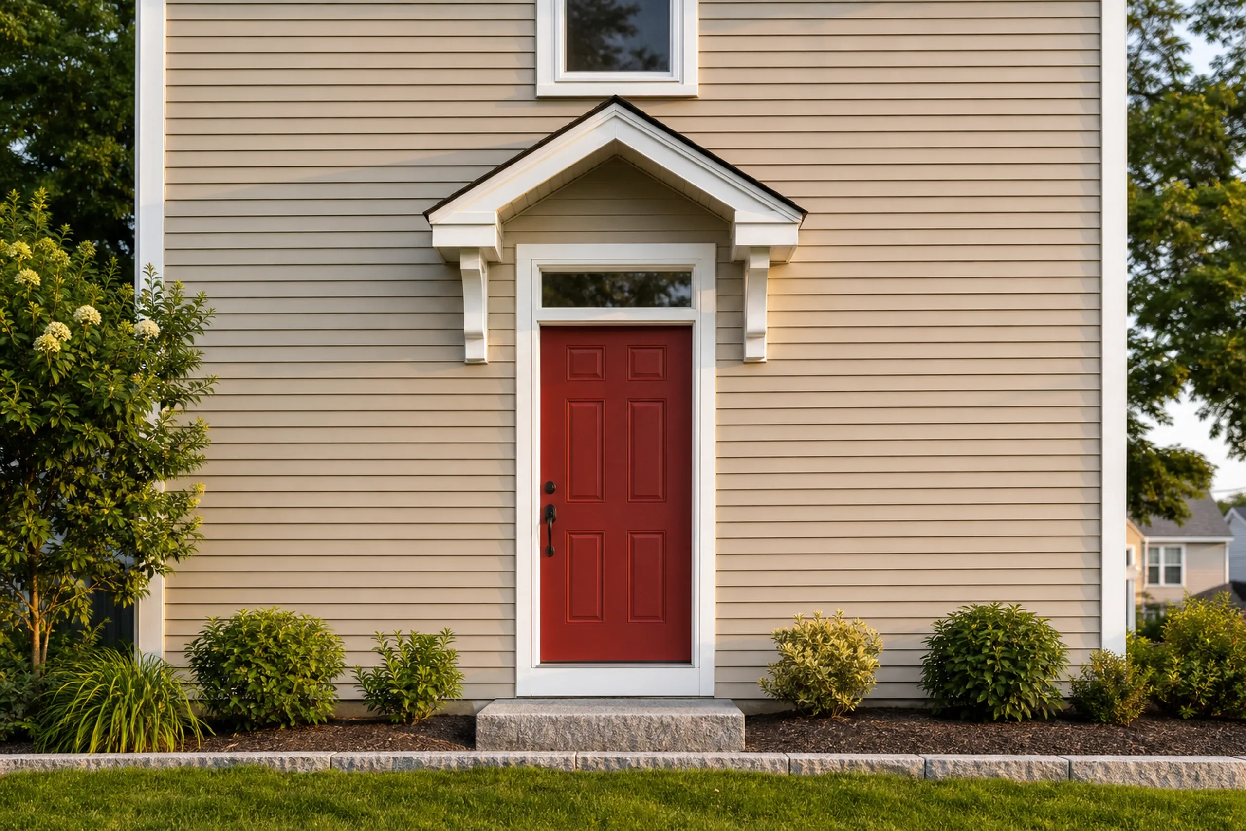 Biddeford two-family front entry in sand vinyl lap: Tall vertical view of the front entry of a re-sided Biddeford two-family, a brick-red door under a small bracketed hood with a transom window above, a worn granite step and the wall around it in new sand-colored vinyl lap with white corner boards, warm late-afternoon summer light.