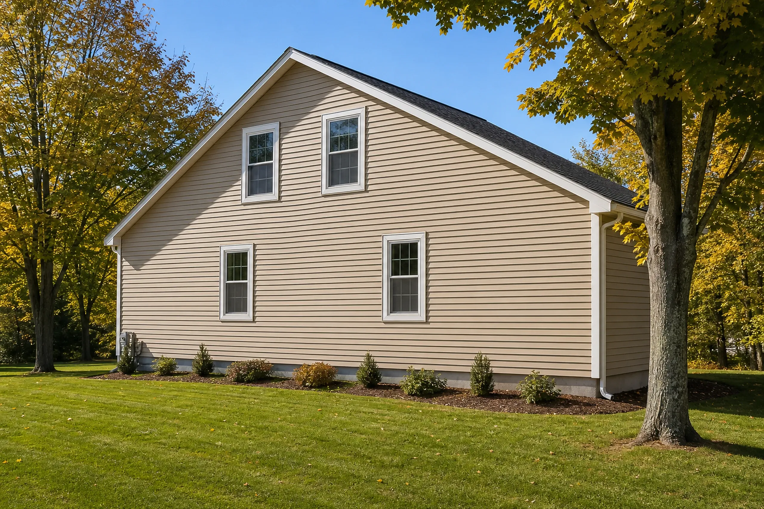 Brunswick 1980s colonial: a full side wall of new tan vinyl lap siding with white window trim and corner posts, a green lawn and maples, early fall.