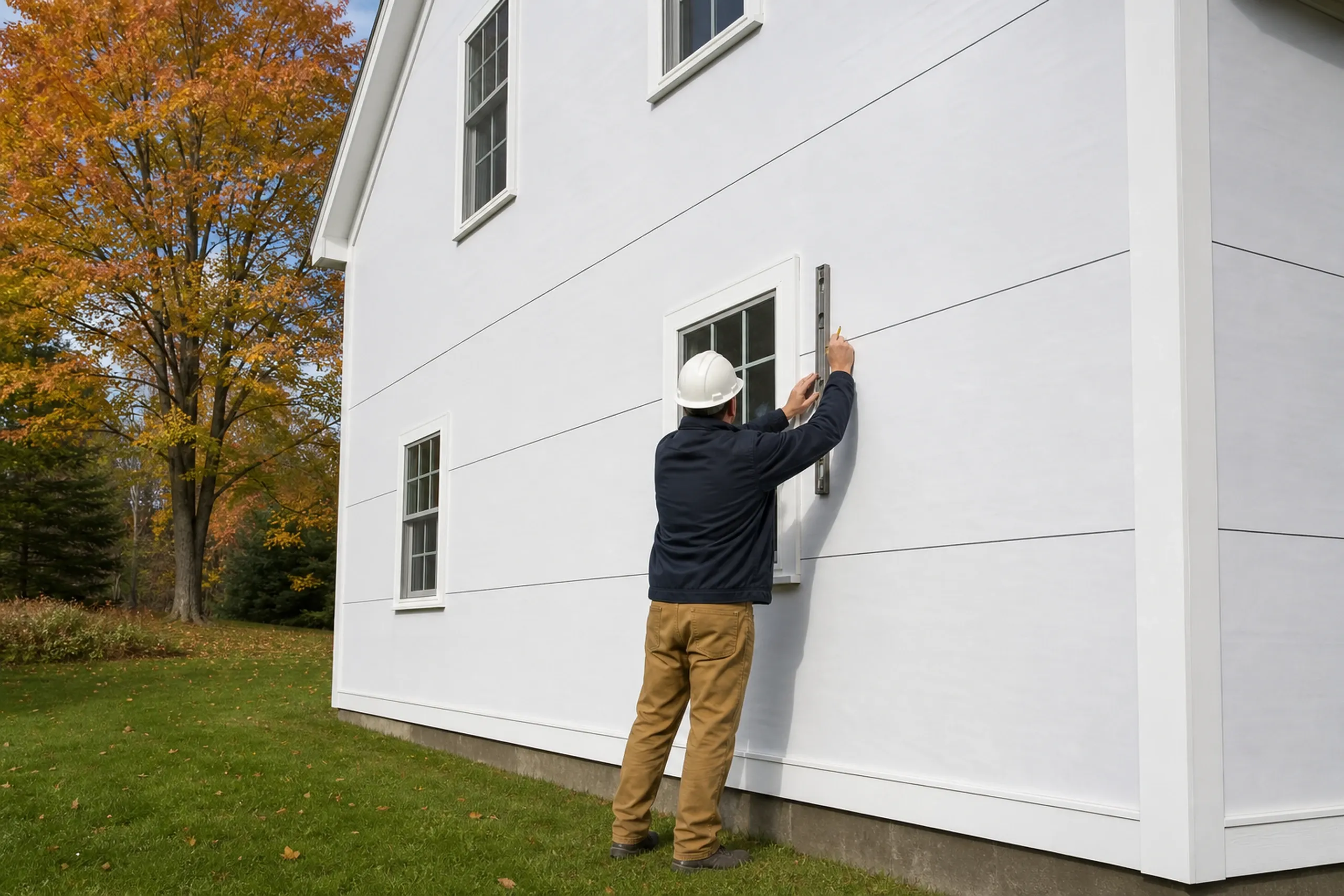 Brunswick, ME course layout: one installer seen from behind marking clapboard course lines on fresh housewrap so the boards will meet the top of a window head, a level in hand, fall light.