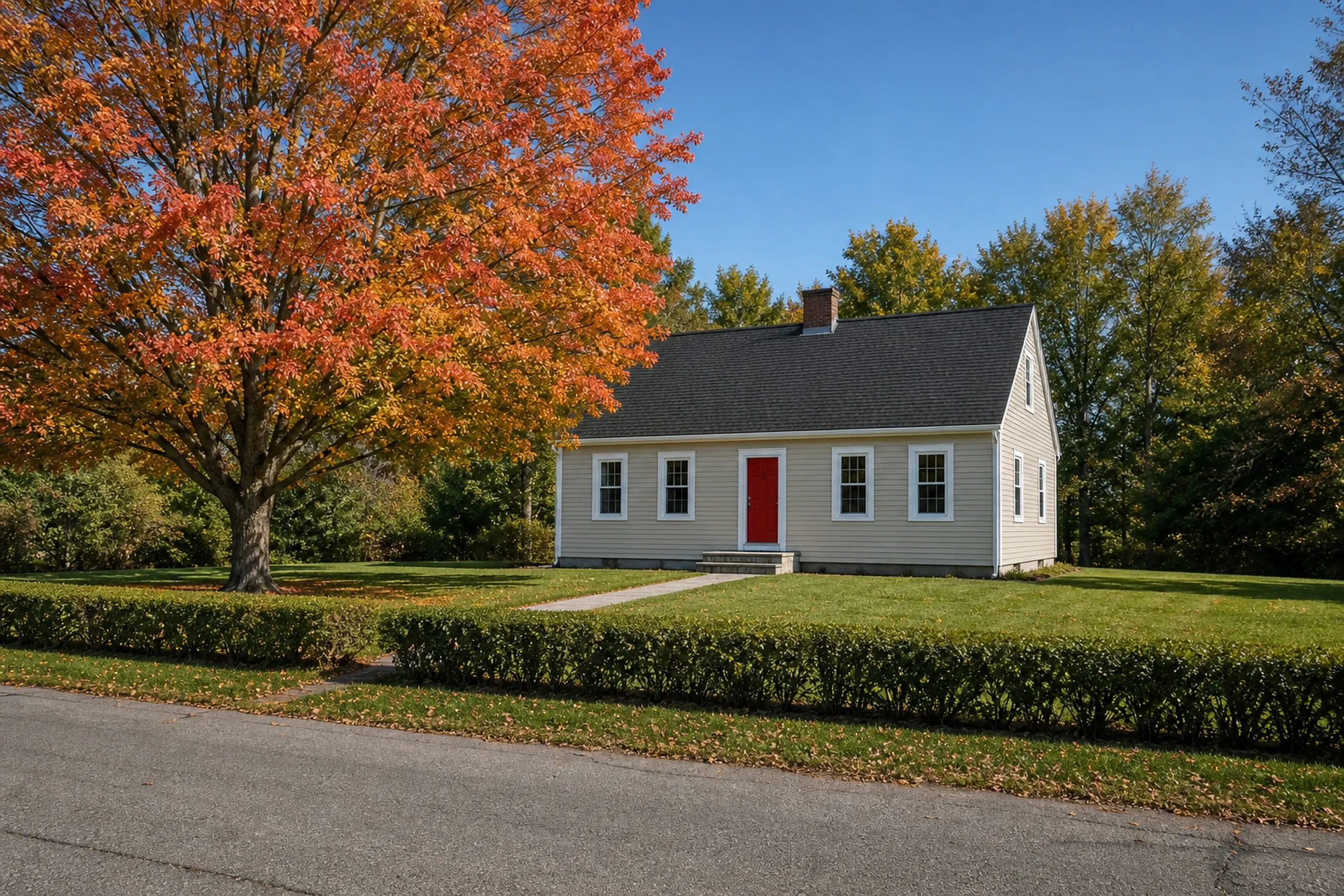 Brunswick re-sided 1950s cape in early autumn: a re-sided 1950s cape on a quiet Brunswick street, warm sand vinyl lap siding with white corner boards and window trim, a red front door, a granite step and a sugar maple turning color over the lawn in crisp early-autumn light.