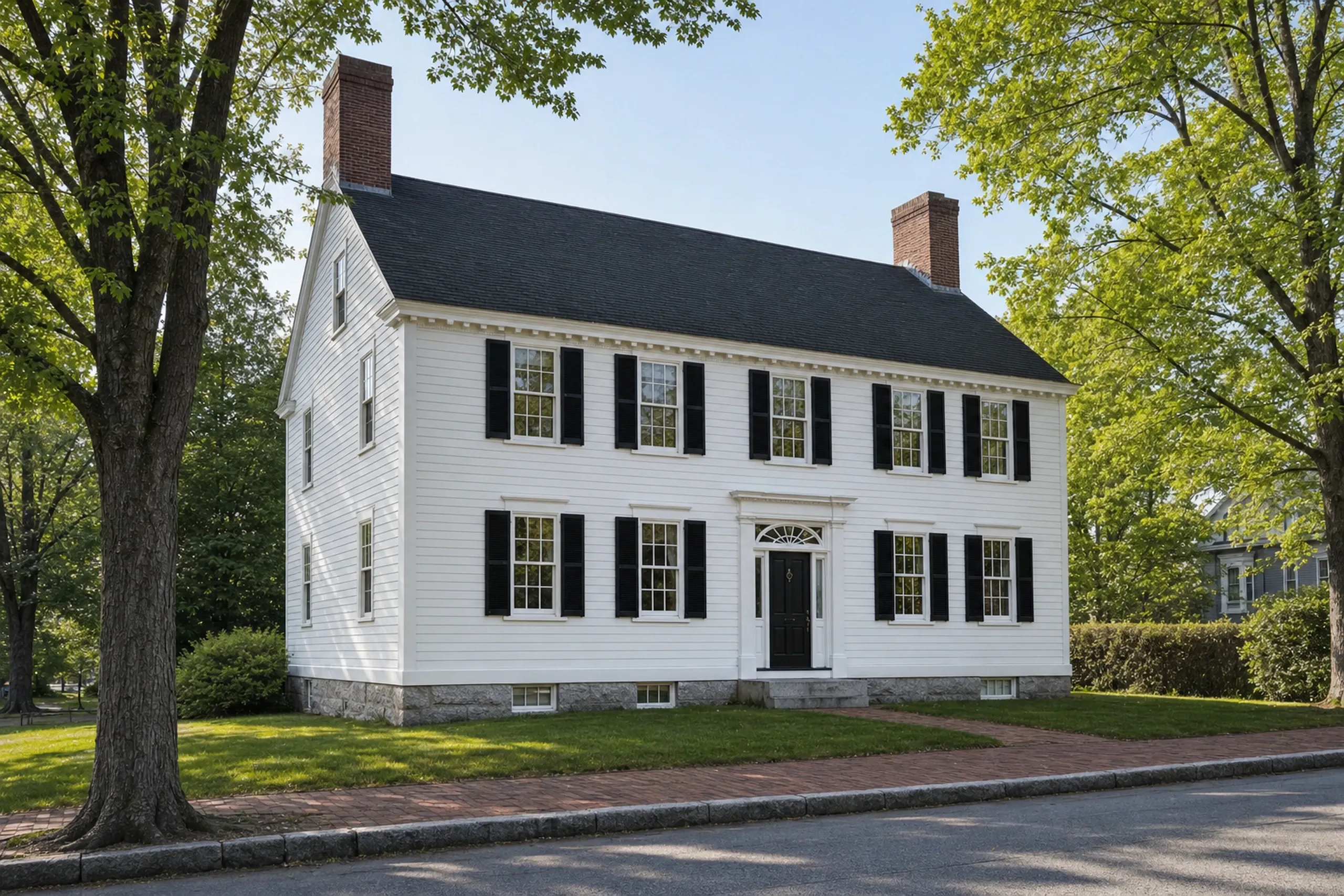 Siding installation in Brunswick, ME: a white two-story Federal house on a village street finished in new smooth fiber cement clapboards painted white, crisp corner boards and window casings, black shutters and a granite step, early summer.