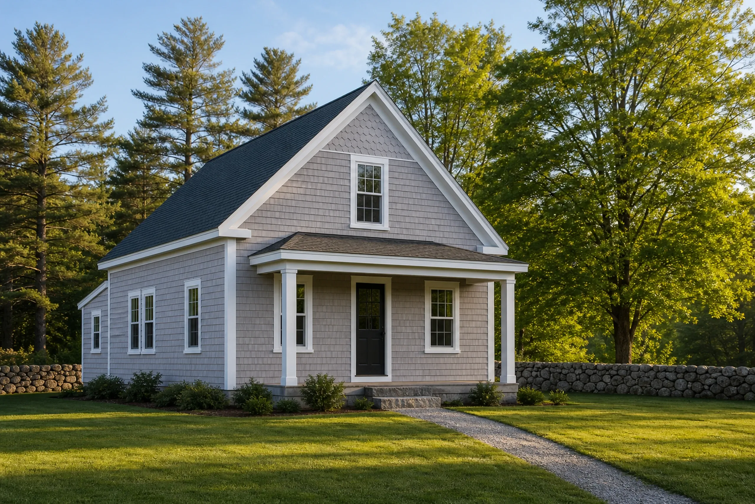 Brunswick Queen Anne house: new cedar shingles stained natural gray on a front gable with a band of fancy-cut shingles, white trim boards and a porch roof below, late spring.