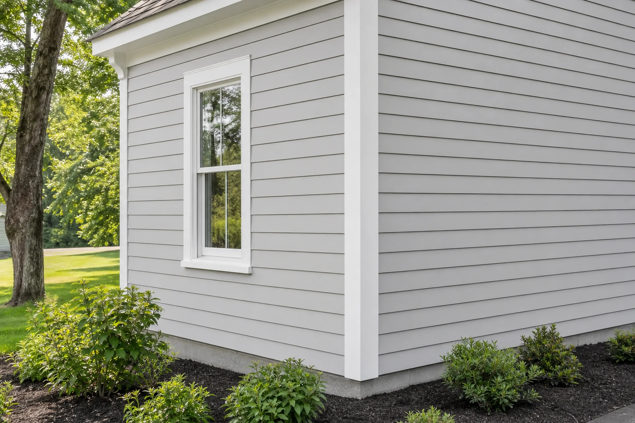 Brunswick village house corner: smooth fiber cement clapboards painted pale gray meeting a wide white corner board, each course lined up with the window head beside it, summer.