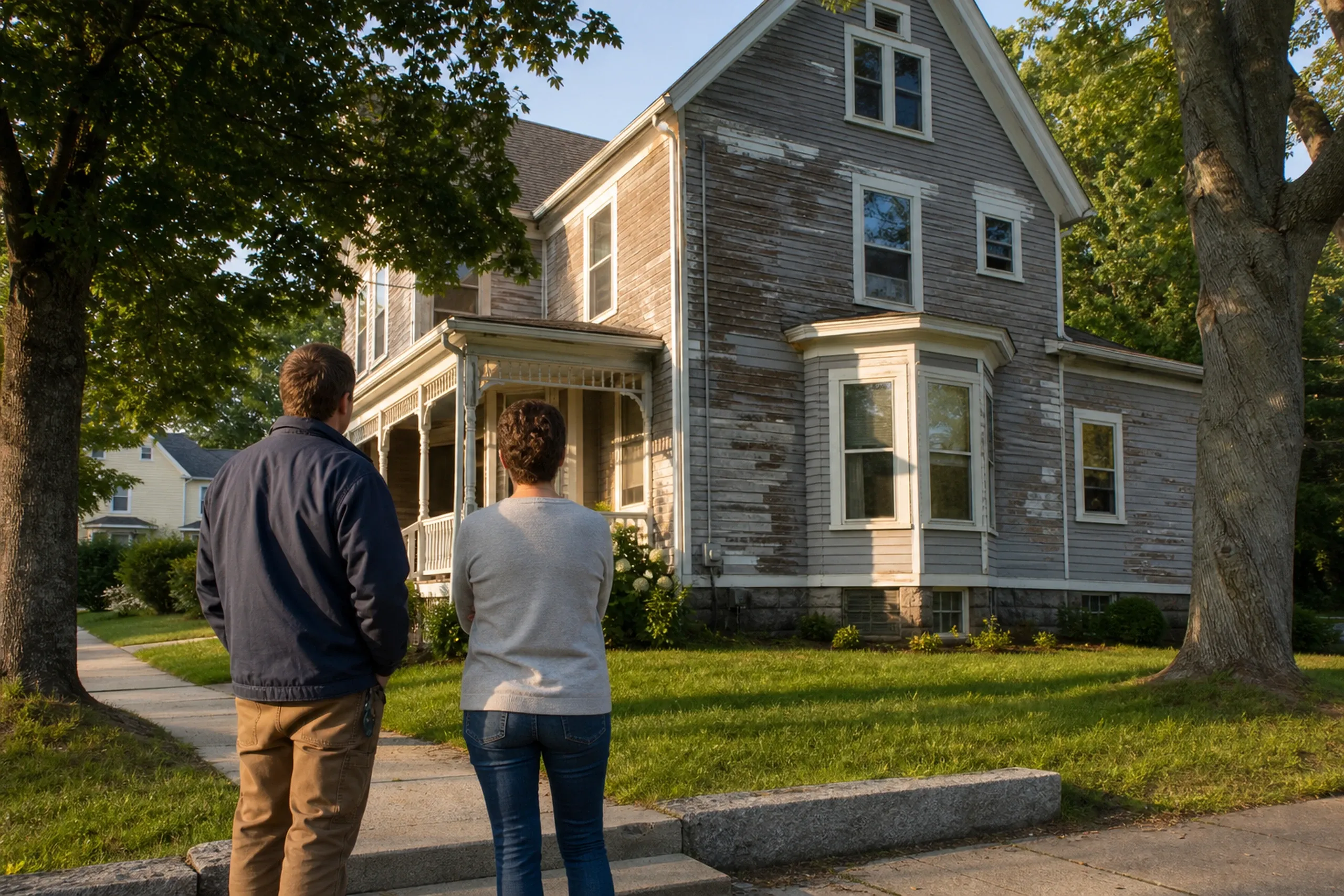 Brunswick first visit at a Bowdoin-area Victorian: two people, a siding installer and a homeowner, seen from behind, stand on the front walk facing a Victorian house near the Bowdoin campus, its wood clapboards flaking to bare gray and the lower corner board rotted dark, warm late-afternoon summer light.