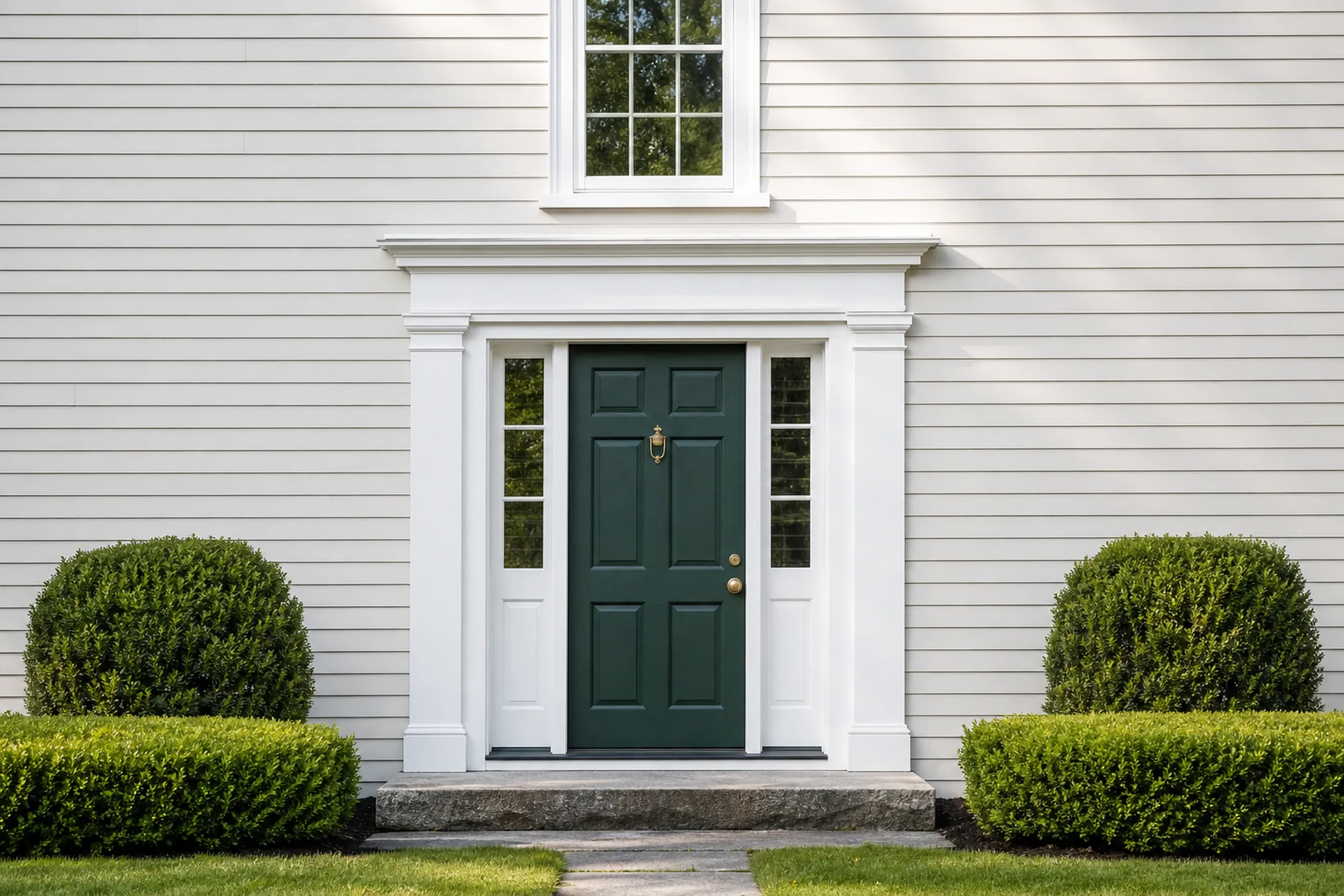 Brunswick front entry on a re-sided Greek Revival: vertical front-entry view of a re-sided Greek Revival house in Brunswick, smooth cream fiber cement lap siding, white pilasters and a flat lintel around a deep green door with sidelights, a worn granite step, bright early-summer afternoon light.