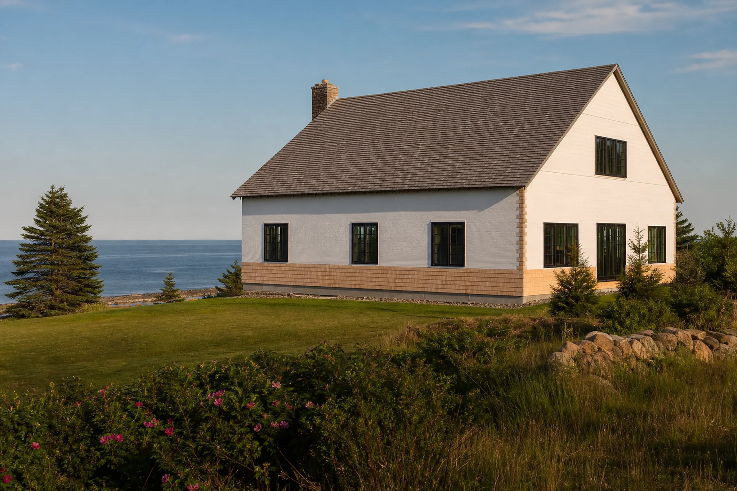 Cedar shingles on a Delano Park cottage in Cape Elizabeth: a row of new eastern white cedar shingles being laid over white housewrap, straight butt lines meeting a woven outside corner, warm summer afternoon light.