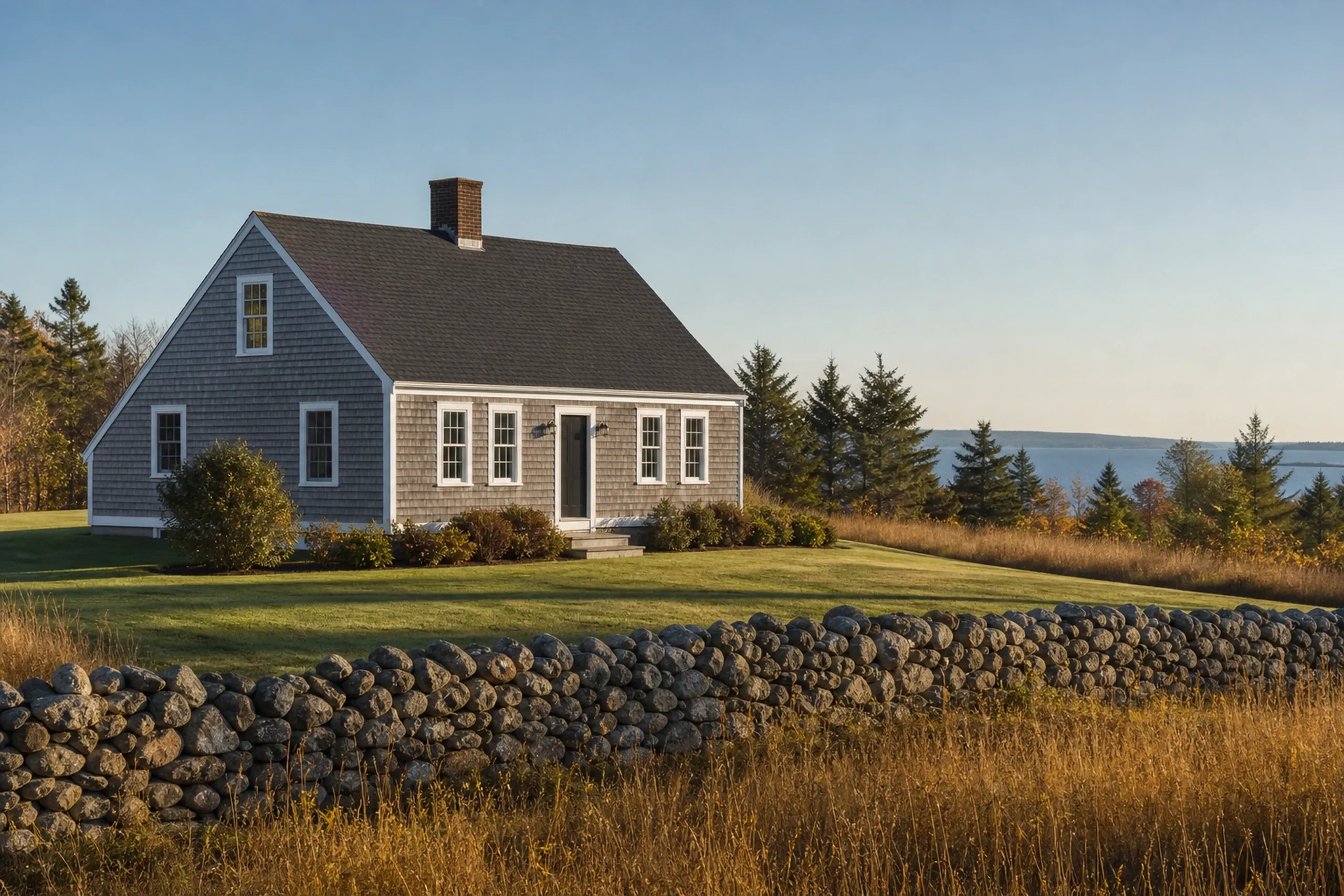 Re-sided Cape Elizabeth cape on a lane near the bay: A re-sided cape on a Cape Elizabeth lane, cedar shingles stained driftwood gray, white trim, a fieldstone wall and a meadow gone gold with a slice of Casco Bay glimpsed beyond, cool clear October morning light.