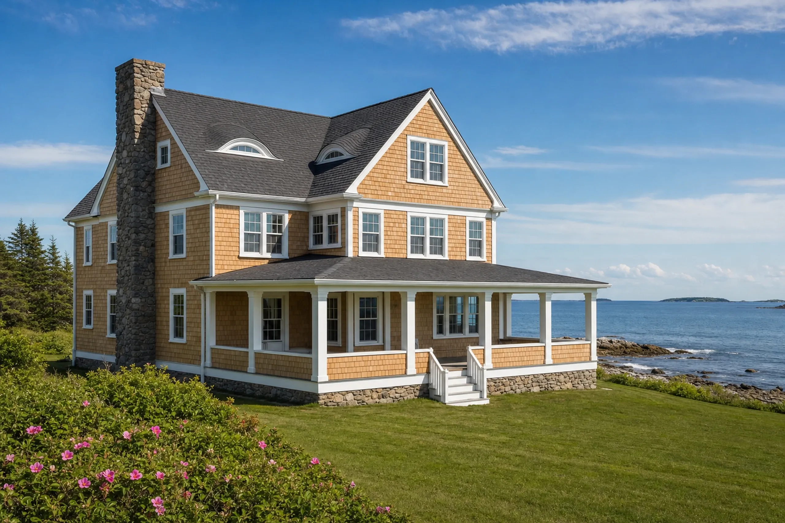 Siding installation in Cape Elizabeth, ME: a two-and-a-half-story Shingle Style summer cottage on a fieldstone foundation, sided in fresh unstained eastern white cedar shingles, white casings and corner boards, a lawn sloping to Casco Bay, midsummer.