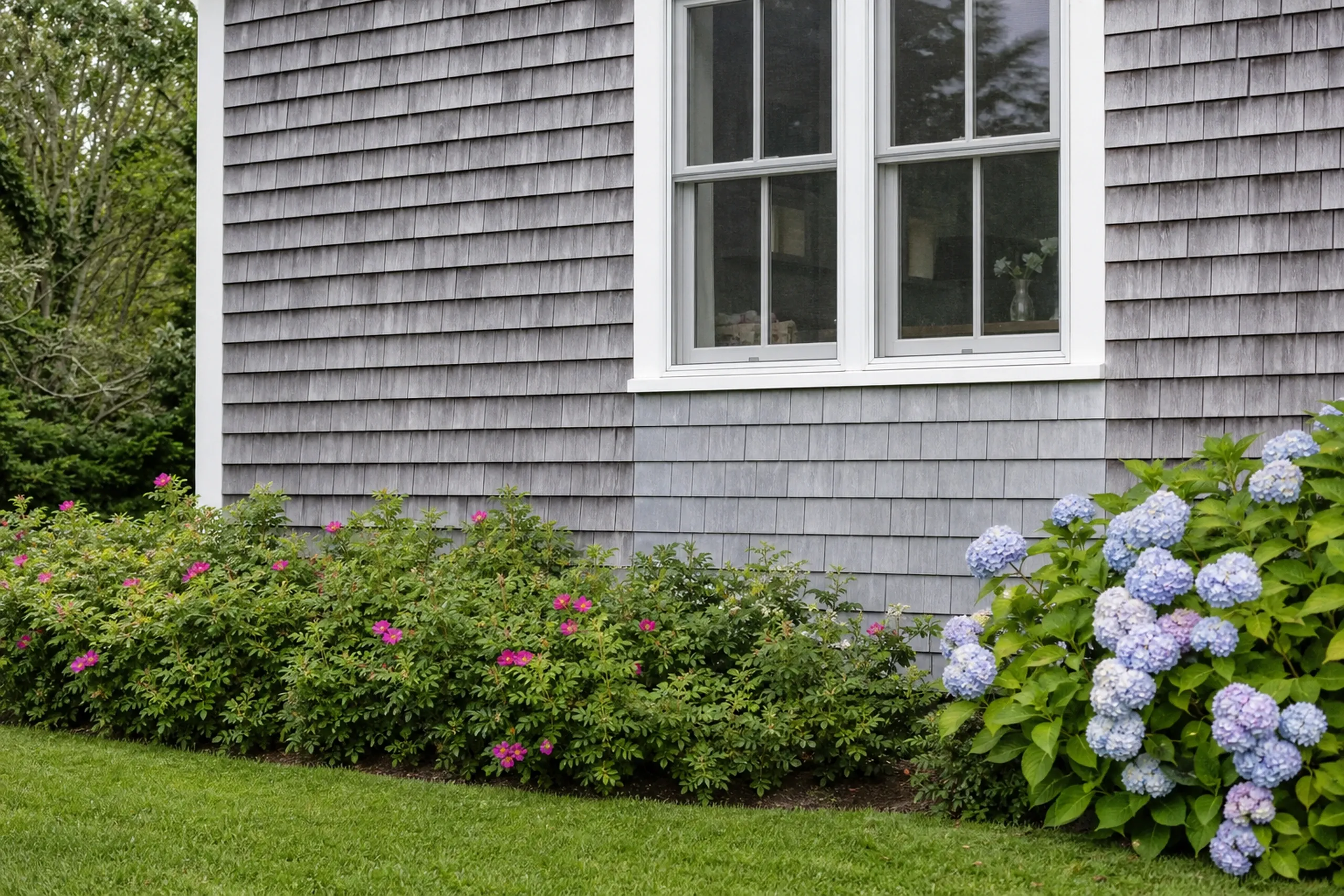 Cedar shingle repair on a storm-facing Cape Elizabeth wall: a section of replacement cedar shingles, stained to the silver-gray of the weathered shingles around it, set into the wall below a window with its courses lined up to the old ones, overcast late summer day.