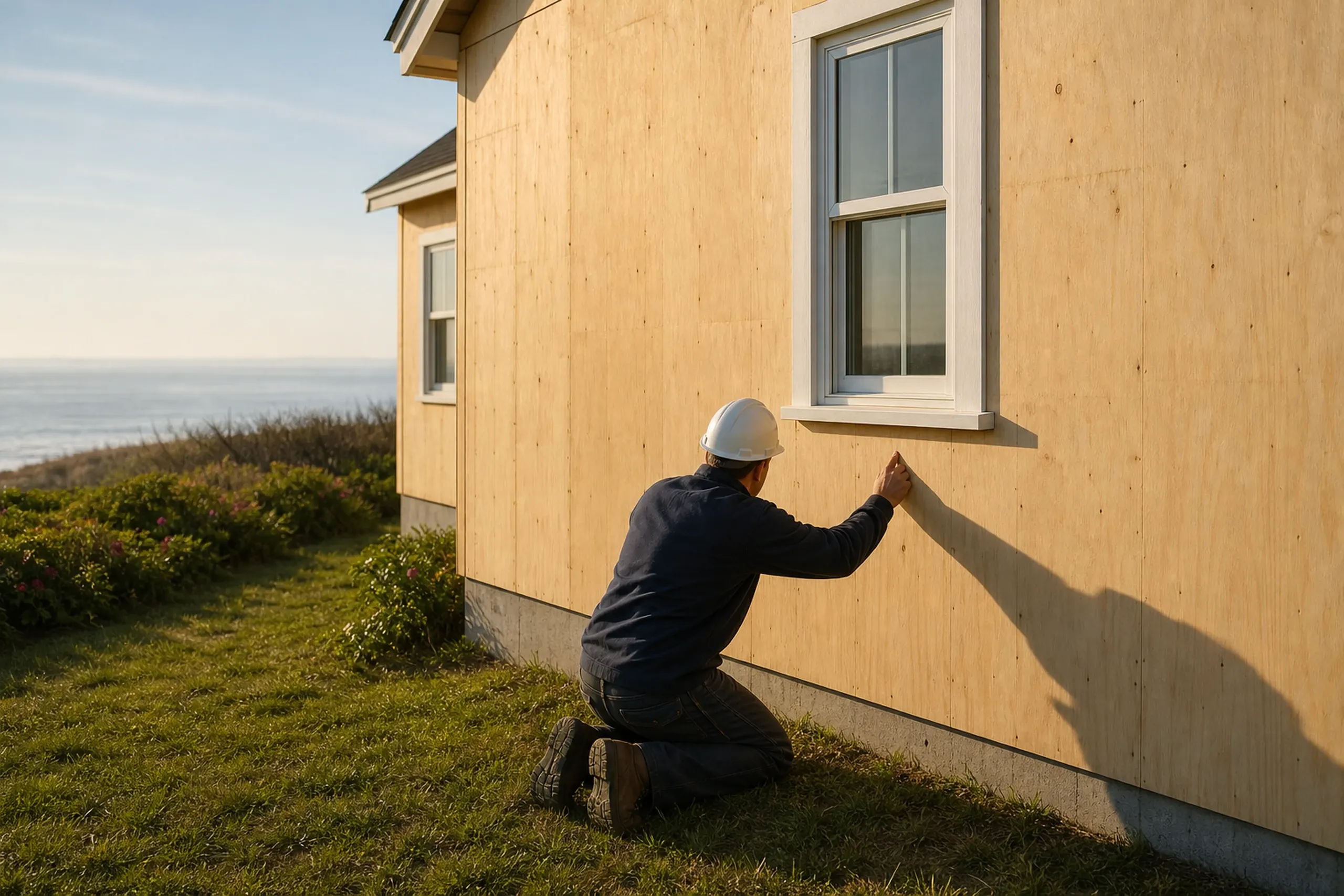Cape Elizabeth sill check before re-siding: one installer seen from behind, kneeling to press a thumb into the sheathing under a window sill on a wall stripped of its old shingles down to plywood, ocean haze in the distance, late spring.