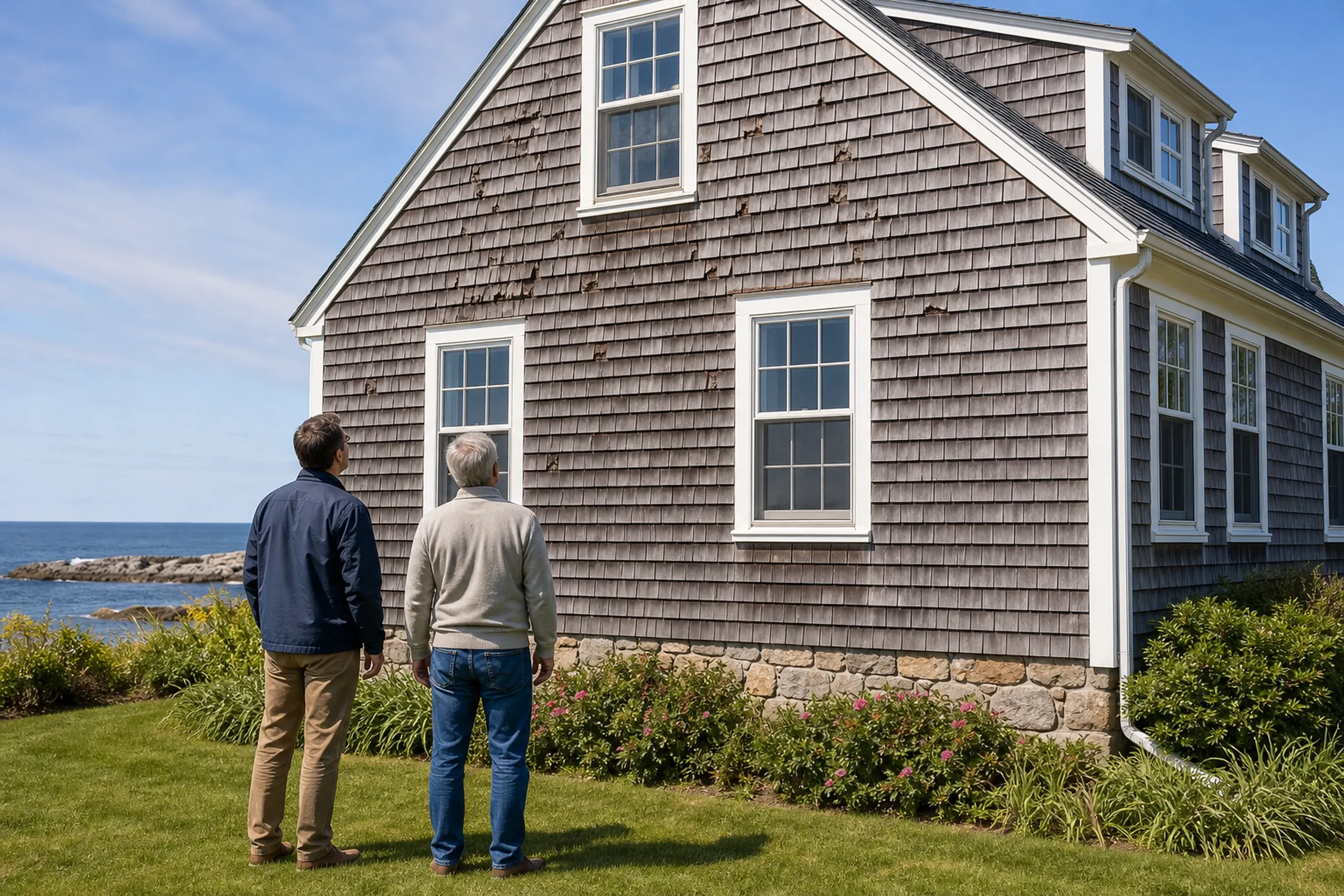 Cape Elizabeth siding first visit at a Shore Road cape: On a clear late-spring morning, two people, a siding installer and a homeowner, seen from behind, stand at the ocean-facing wall of a Shore Road cape and look at split, lifting cedar shingles streaked with dark stains below each nail head.