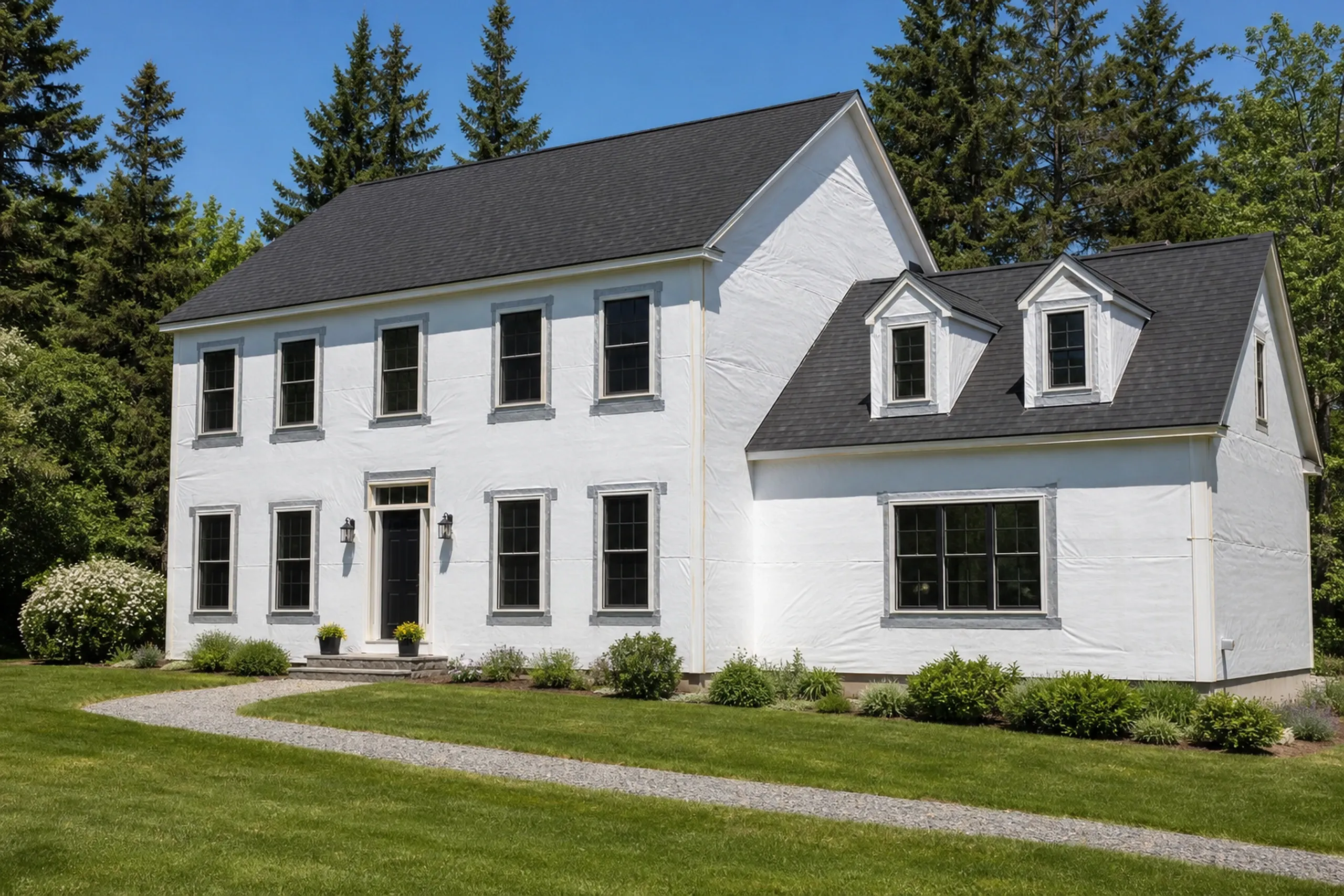 Cape Elizabeth housewrap and flashing on a wooded colonial: A newer two-story Cape Elizabeth colonial on a wooded lot in-progress at the housewrap and window flashing stage, plain white housewrap pulled taut across the wall, flashing tape sealed around a wide window, tall spruce behind, bright early-summer afternoon light.