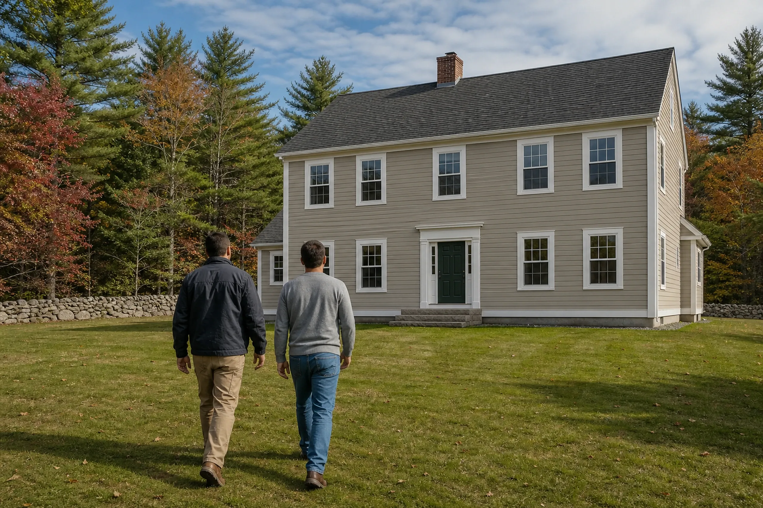 Cape Elizabeth siding final walkaround at a colonial: In crisp early-autumn light, two people, a siding installer and a homeowner, seen from behind, walk across the lawn toward a re-sided Cape Elizabeth colonial finished in warm putty LP lap with white corner boards, white trim and a dark green door.
