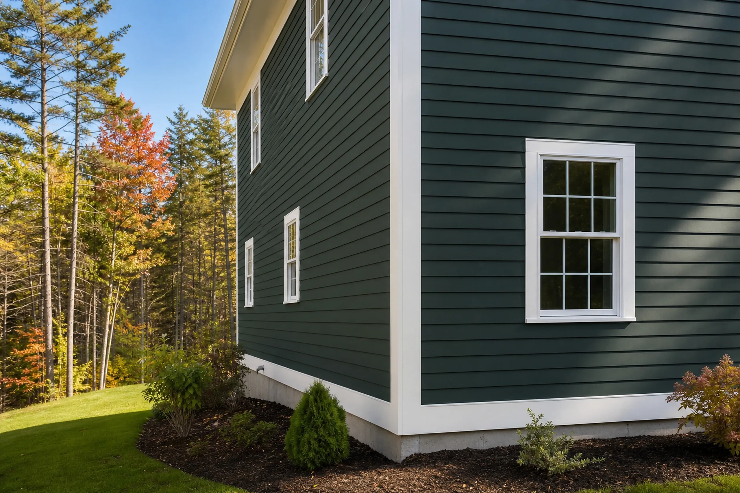 Fiber cement siding on a newer Cape Elizabeth house: deep spruce green painted fiber cement lap boards running into broad white corner trim and a white window frame, a two-story home on a large wooded lot, early fall.