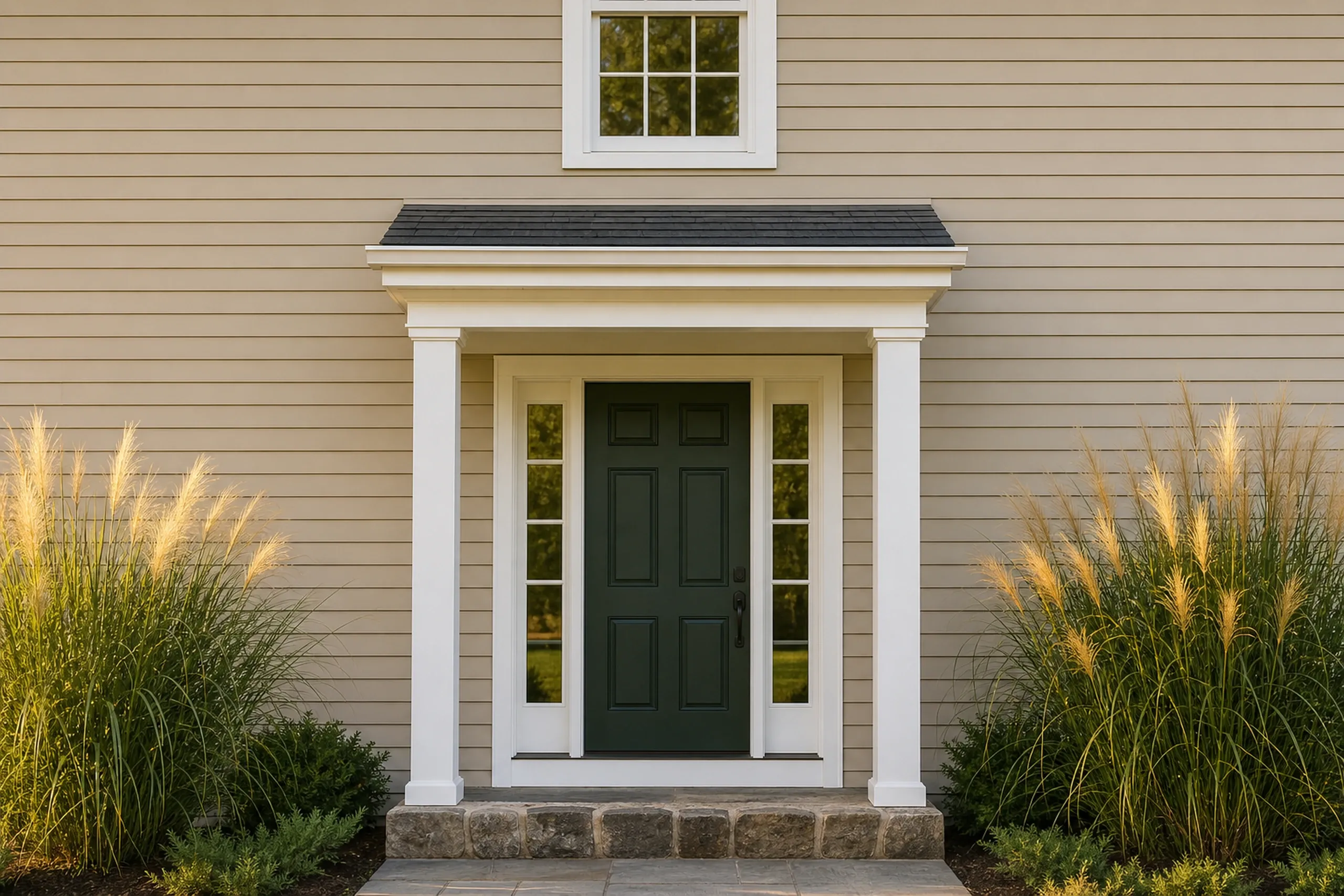 Cape Elizabeth re-sided colonial front entry: The front entry of a re-sided Cape Elizabeth colonial, wheat-colored fiber cement lap around a dark green paneled door with two sidelights, white trim, a fieldstone step and tall ornamental grasses, warm late-afternoon summer light, seen straight on.