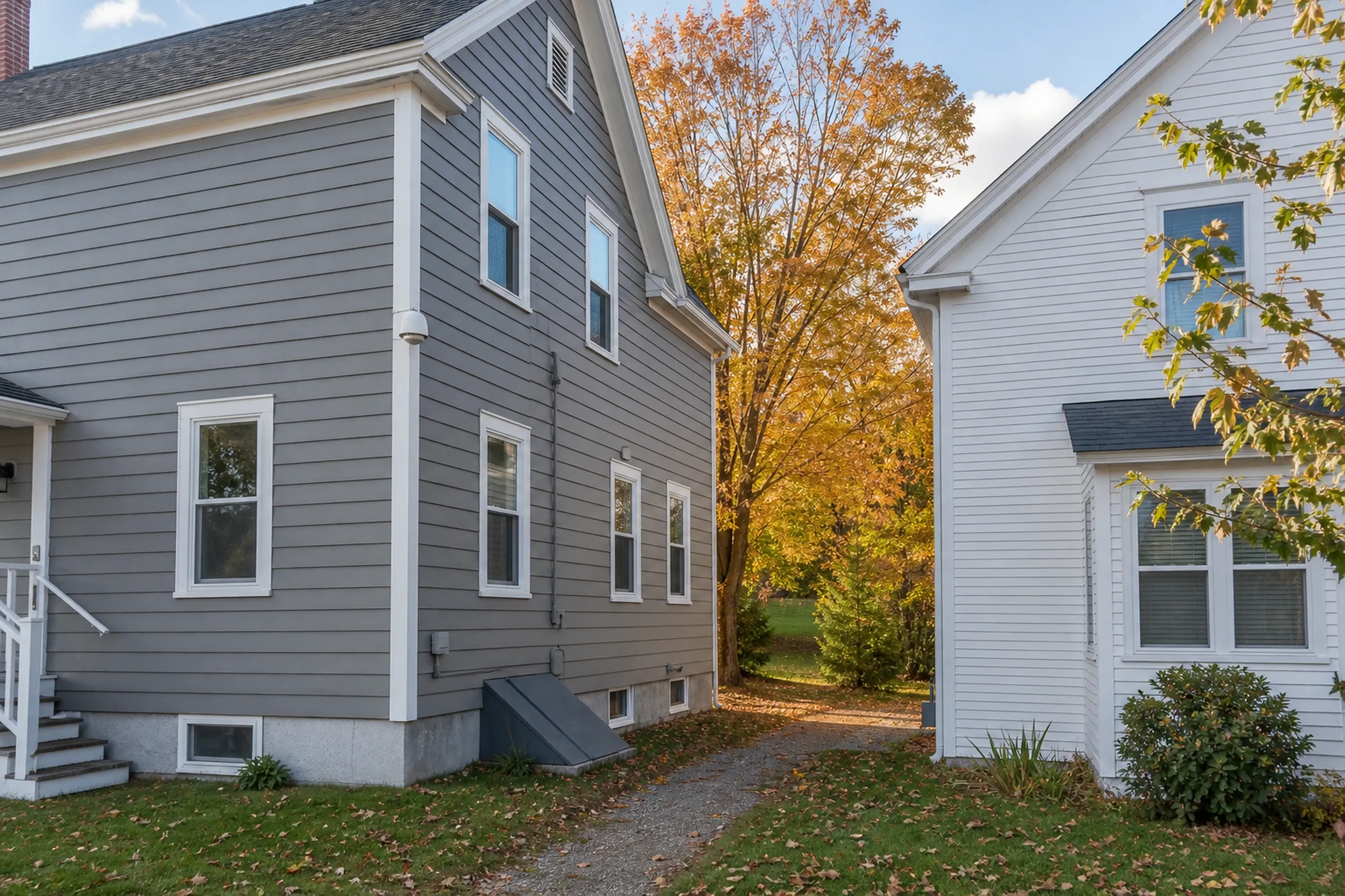 Cumberland Center, ME street: two-story house on a small lot with painted warm gray engineered wood lap siding and white trim, a neighboring house close beside, fall.