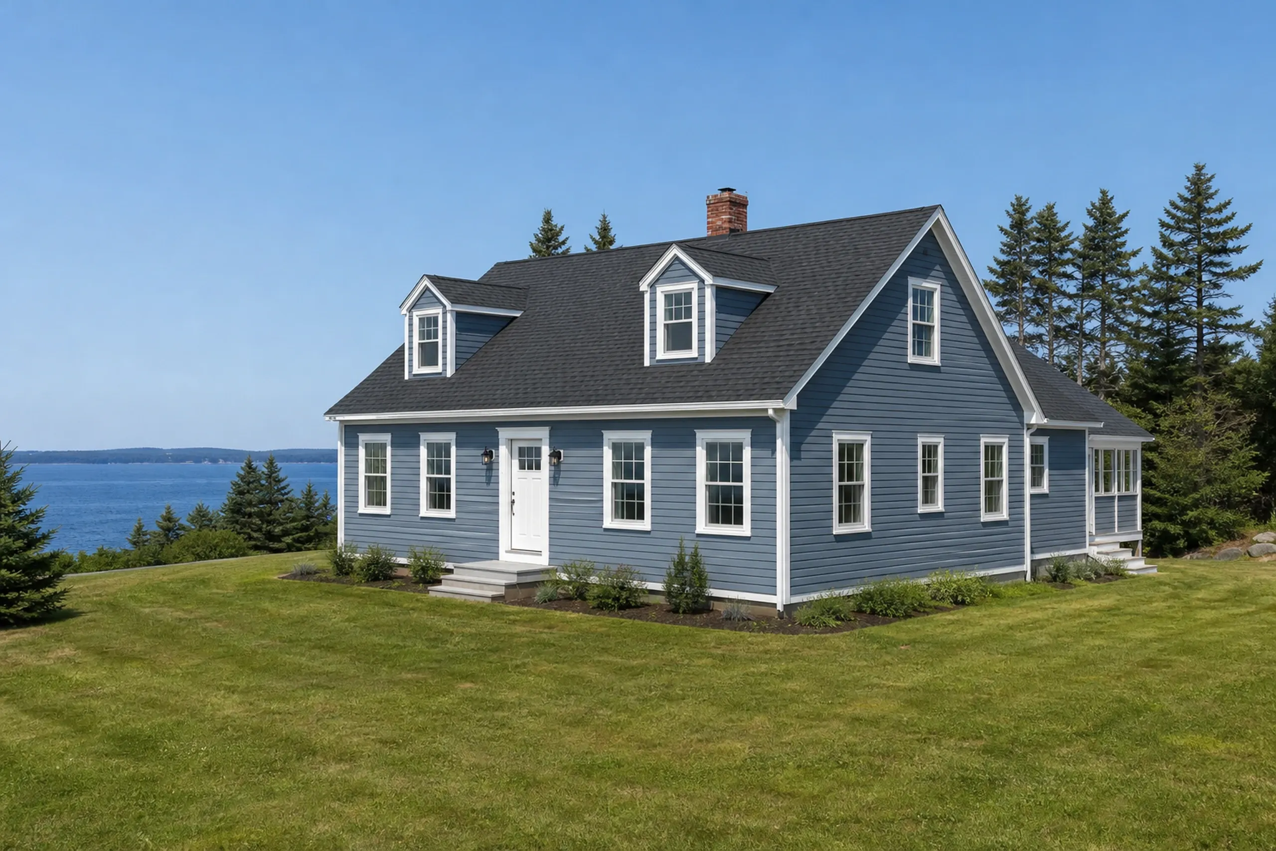 Re-sided Cumberland Foreside shore home above the bay: A re-sided Cumberland Foreside shore home finished in soft slate-blue LP lap siding with white trim and a white door, a mown lawn running toward a line of spruce with Casco Bay beyond, bright early-summer afternoon light.