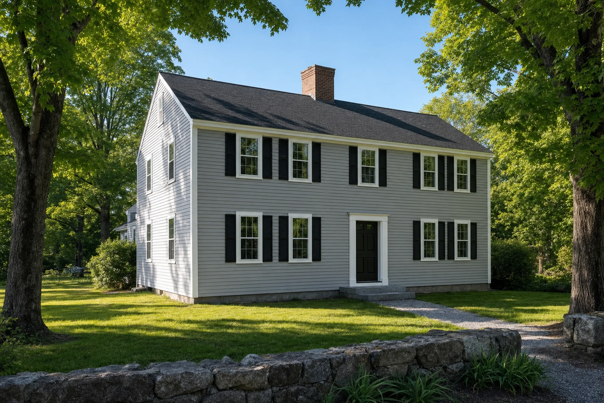 Siding installation in Cumberland, ME: two-story village colonial with new light gray vinyl lap siding, white corner boards, black shutters and maples in early summer.