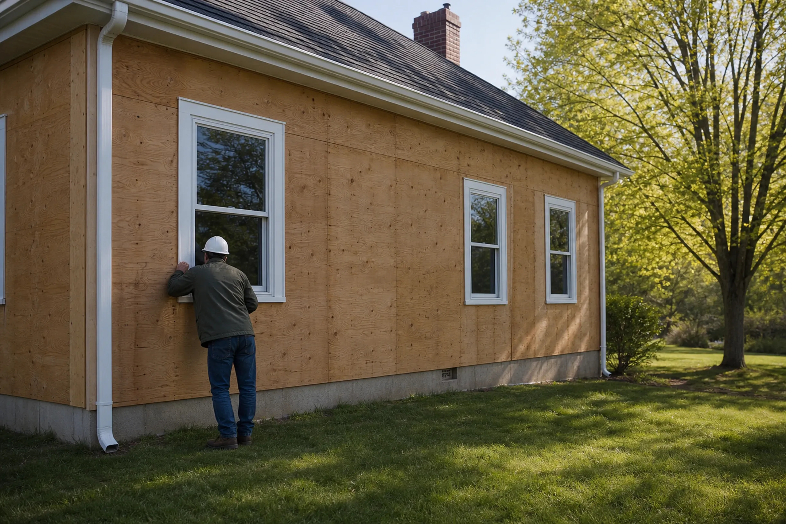 Cumberland, ME re-side: one installer seen from behind checking exposed plywood sheathing below a window where the old siding was removed, spring morning.