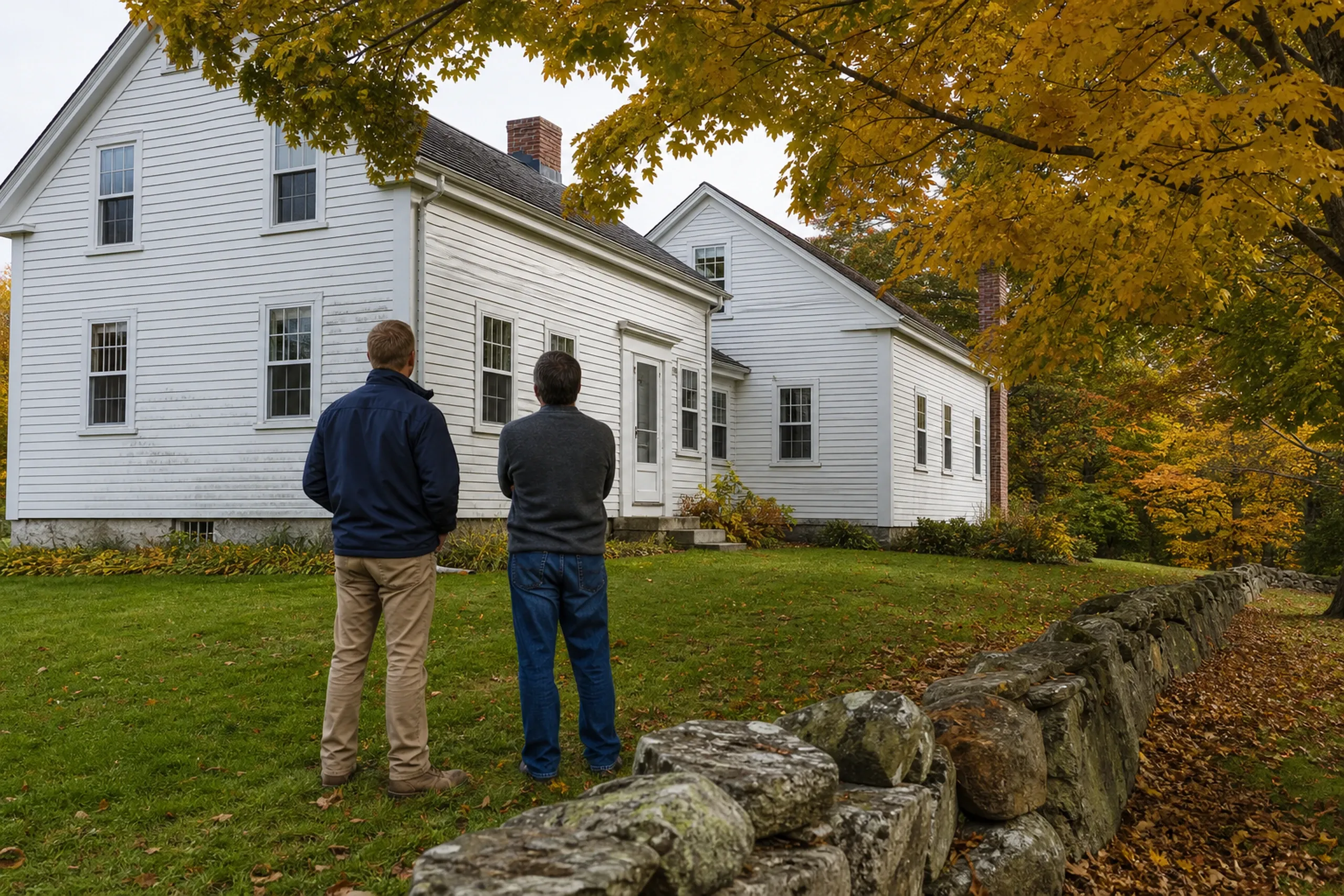 Cumberland siding first visit at a village farmhouse: In crisp early-autumn light, two people, a siding installer and a homeowner, seen from behind, stand in front of a Cumberland village farmhouse and study old white clapboards gone chalky and green with algae near the ground, one board split, maples turning gold.