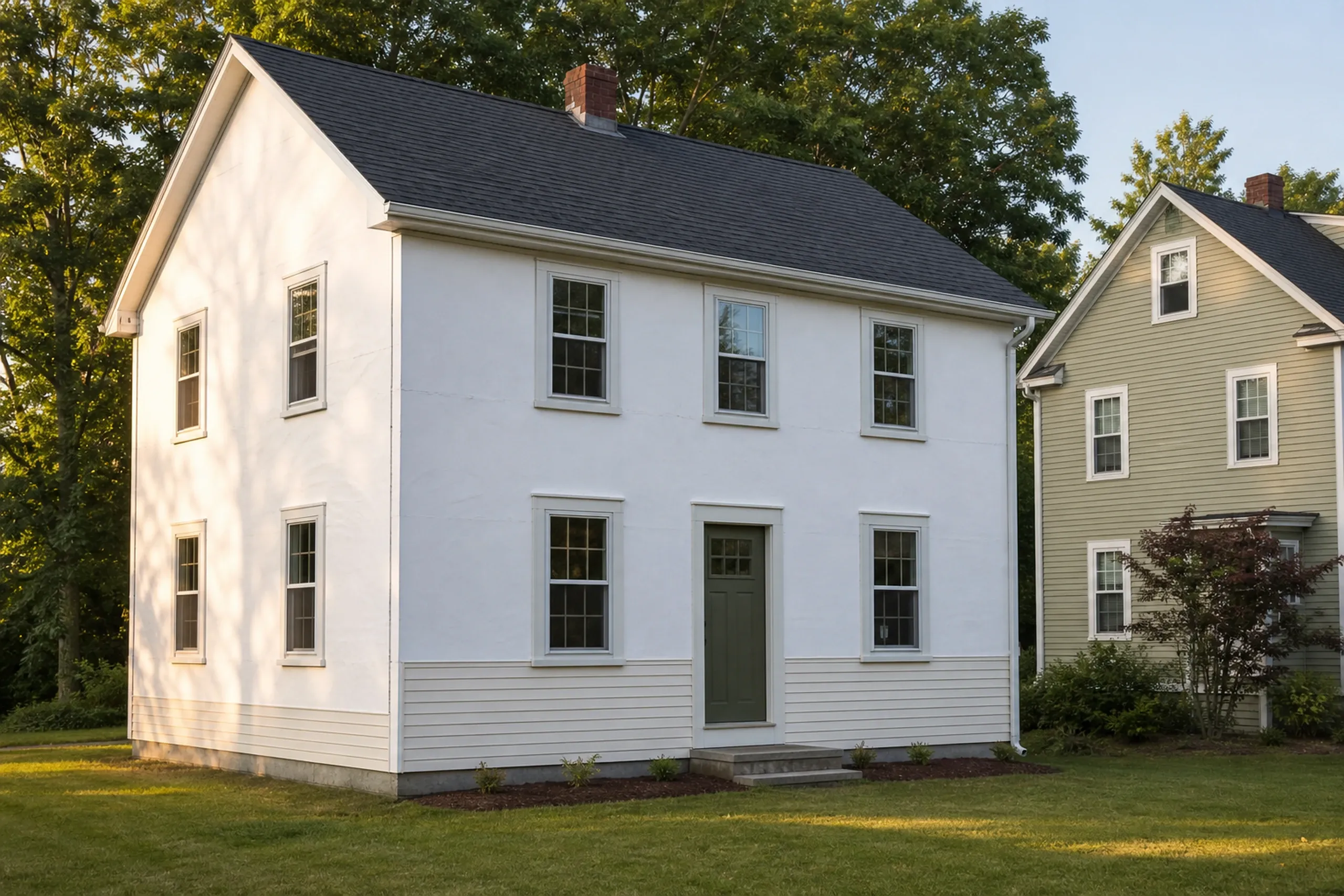 Cumberland first courses of lap siding on a Center colonial: A Cumberland Center colonial wall in-progress at the first courses of lap siding stage, the starter strip and lowest three rows of vinyl lap locked in place with plain white housewrap above, the neighboring house close beside, warm late-afternoon summer light.