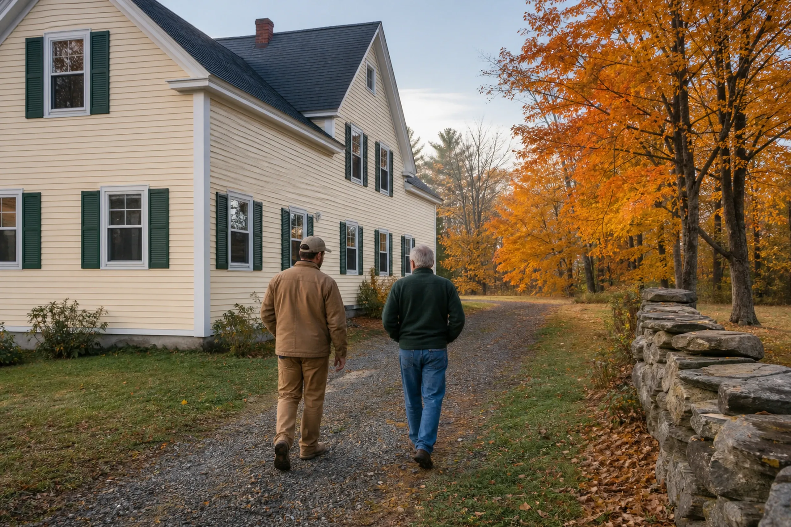 Cumberland siding final walkaround at a farmhouse: In cool October morning light, two people, a siding installer and a homeowner, seen from behind, walk beside a re-sided Cumberland farmhouse finished in buttercream vinyl lap with white corner boards, white trim and forest-green shutters, a stone wall and orange maples.