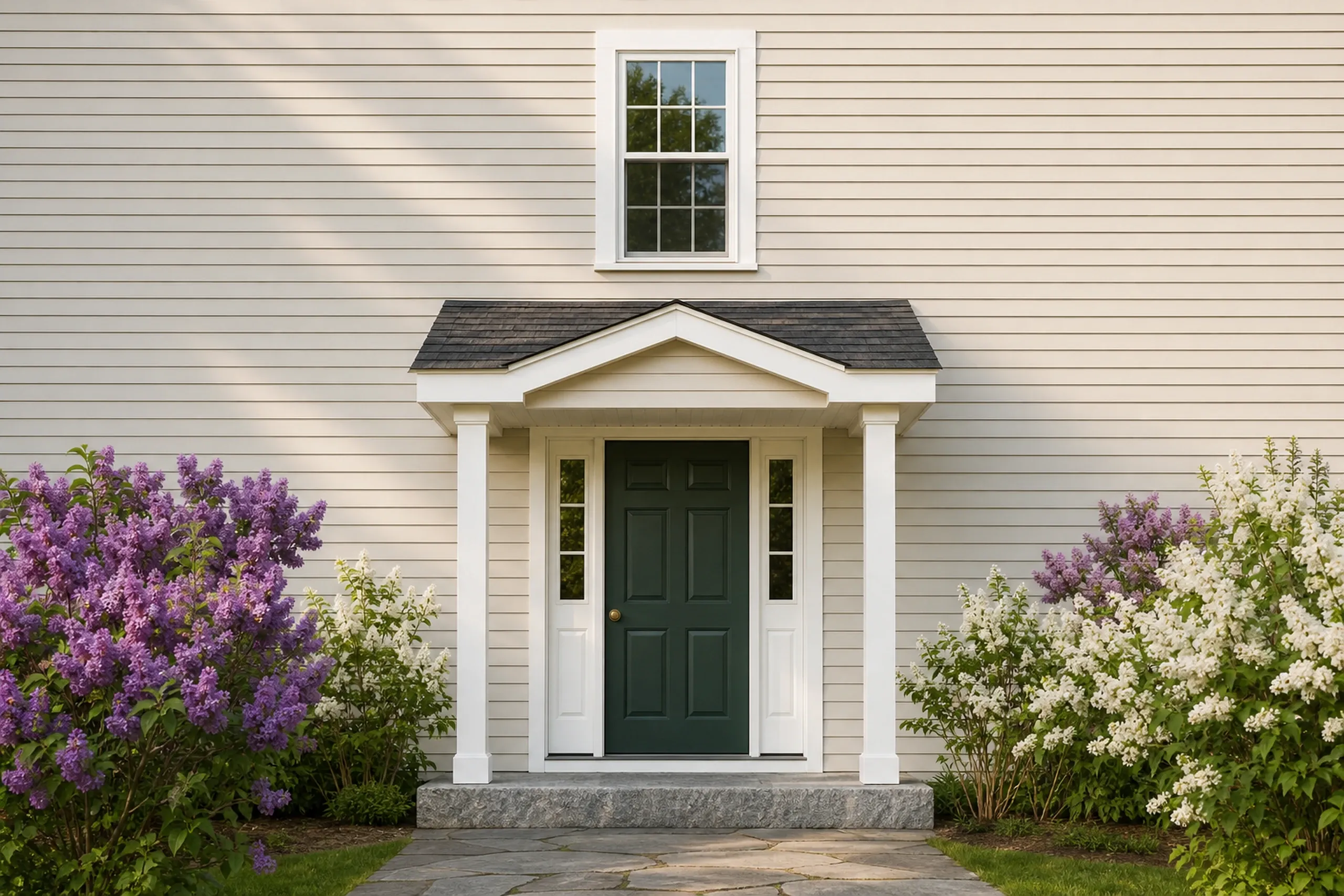 Cumberland re-sided village colonial front entry: The front entry of a re-sided Cumberland village colonial, oatmeal vinyl lap around a deep green paneled door with two narrow sidelights, white trim, a granite step and lilacs in bloom beside the walk, clear late-spring morning light.