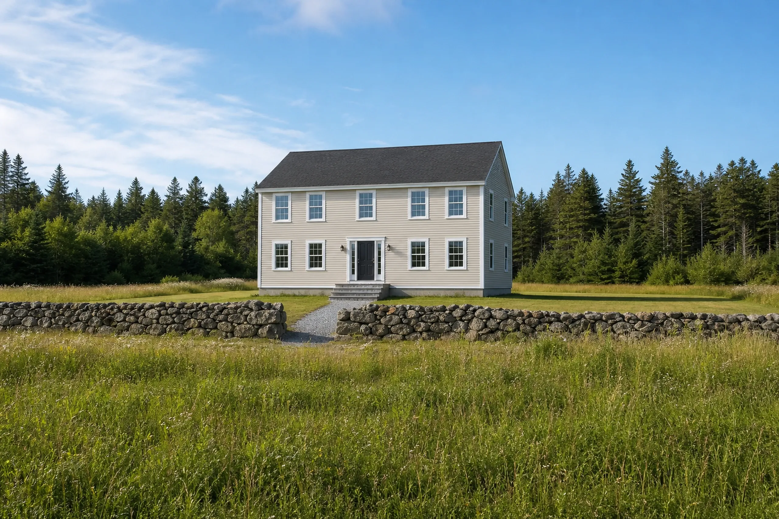 West Cumberland, ME home: newer two-story house on an open field parcel with new almond vinyl lap siding, white trim and a fieldstone wall in front, summer.