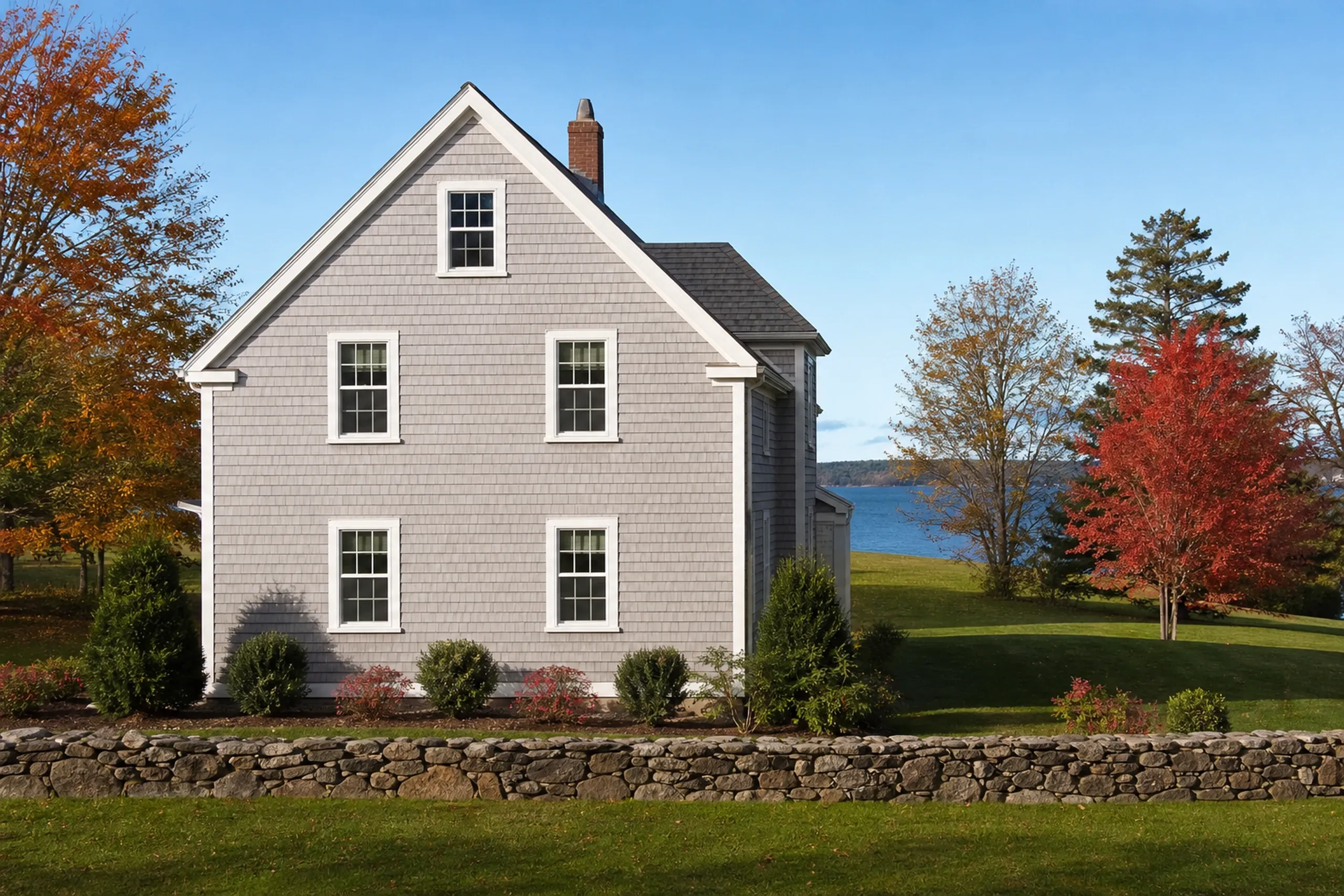 Re-sided Falmouth Foreside house in natural cedar: A re-sided 1930s Foreside house with a broad front gable in natural cedar shingles weathering to silver-gray, white trim, a fieldstone wall and red maples with a slice of Casco Bay beyond, crisp early-autumn light.