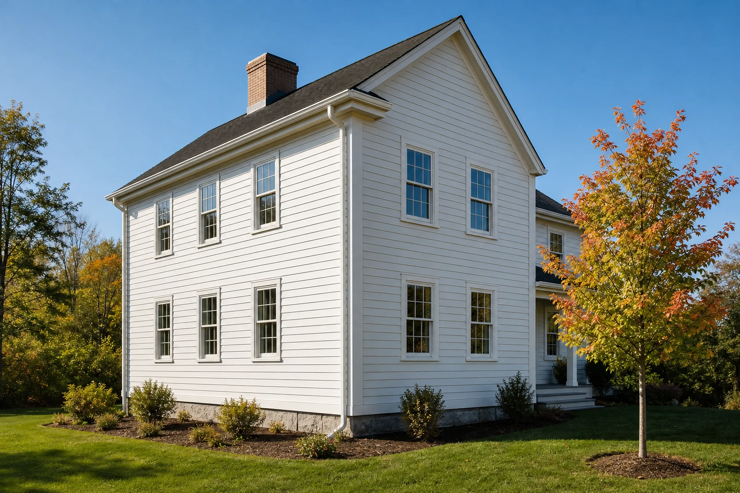 Fiber cement lap siding on a newer Falmouth home: white painted fiber cement clapboards running into a broad corner board, crisp window casings above a neat lawn and a young maple, early fall.