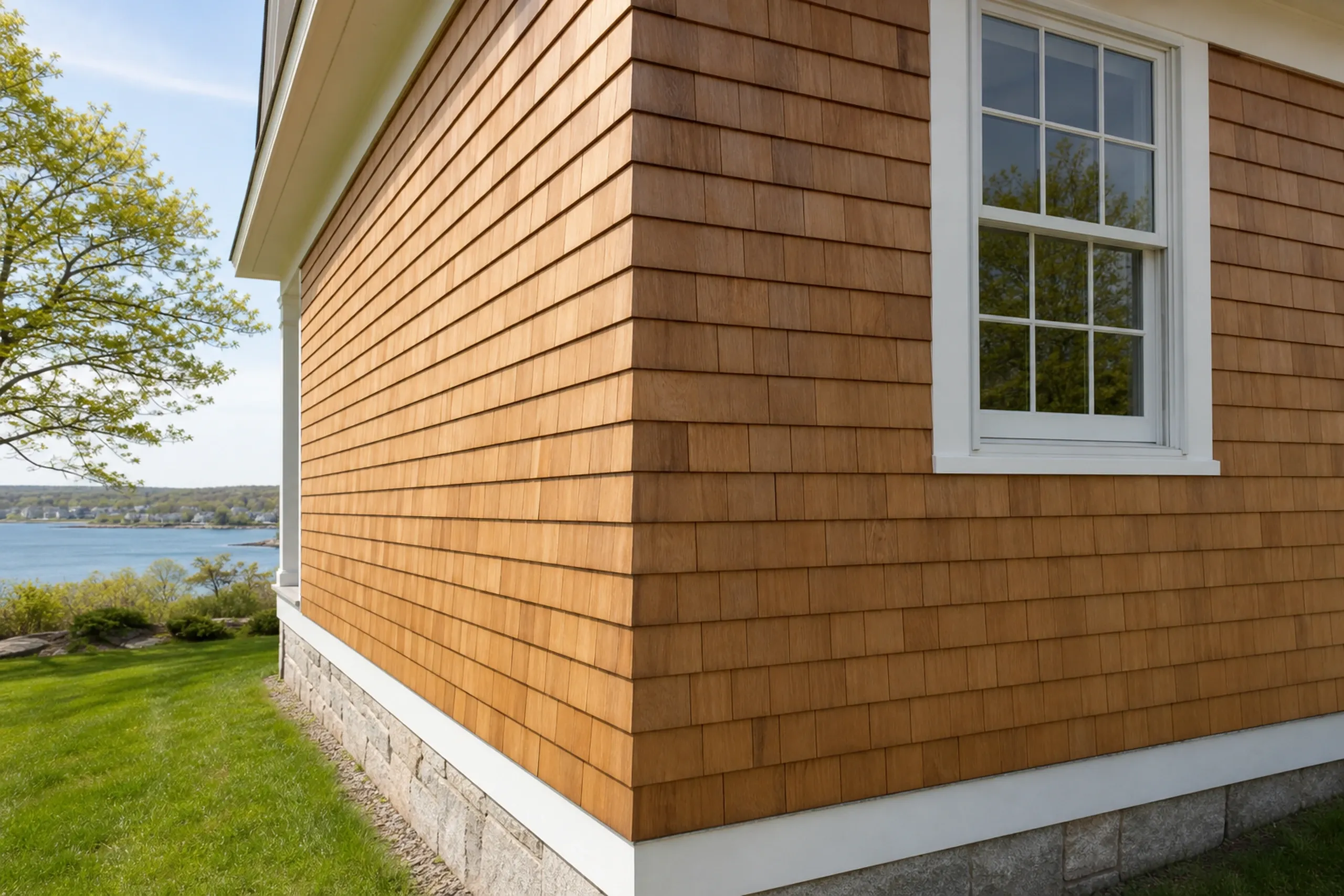 Cedar shingles on a Falmouth Foreside estate house: close view of a woven outside corner where stained cedar shingle courses alternate from each wall, crisp butt lines, late spring sun.