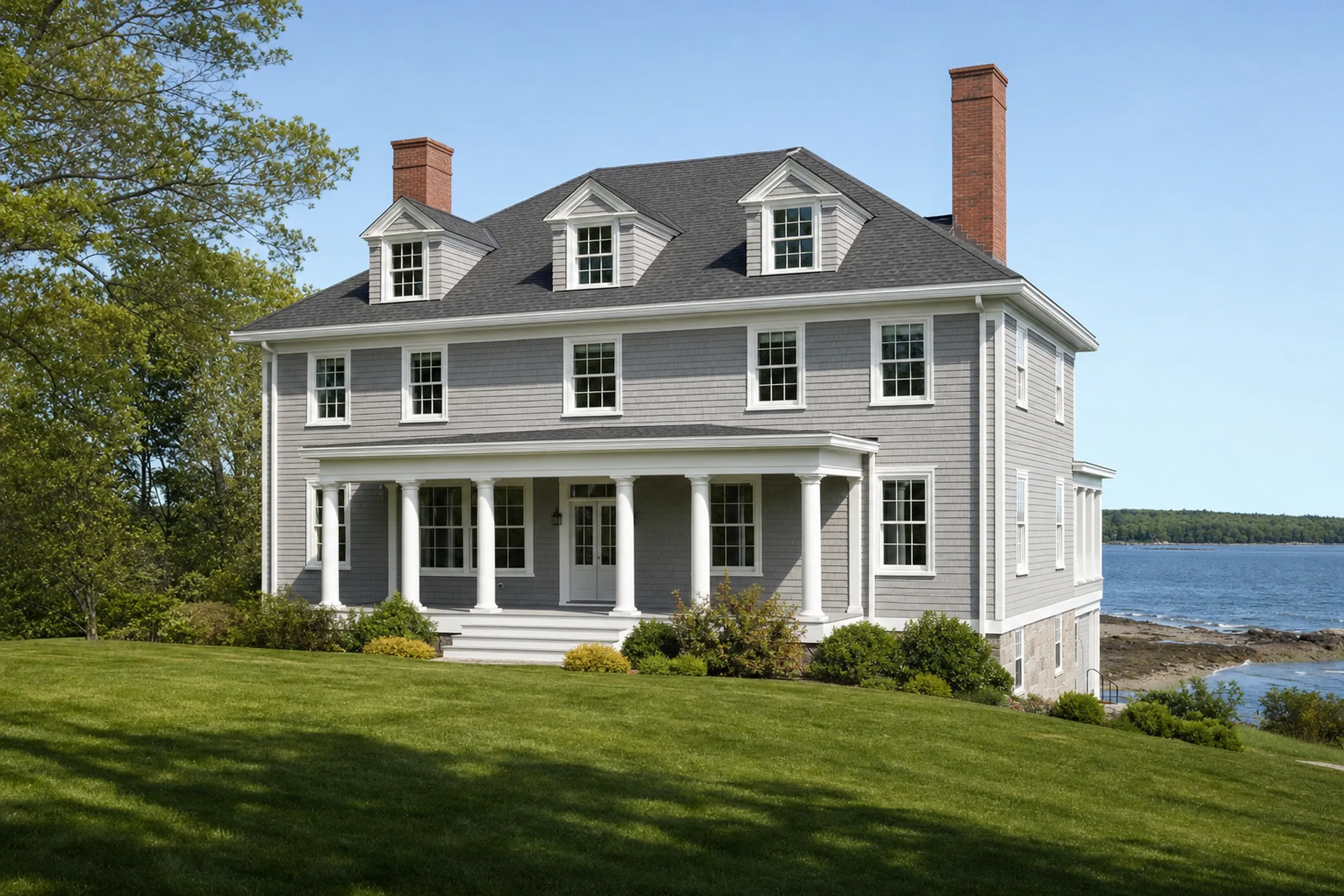 Siding installation in Falmouth, ME: a large 1910s Colonial Revival house on Falmouth Foreside sided in eastern white cedar shingles freshly stained soft gray, white trim and a columned porch, a broad lawn sloping toward Casco Bay, early summer.