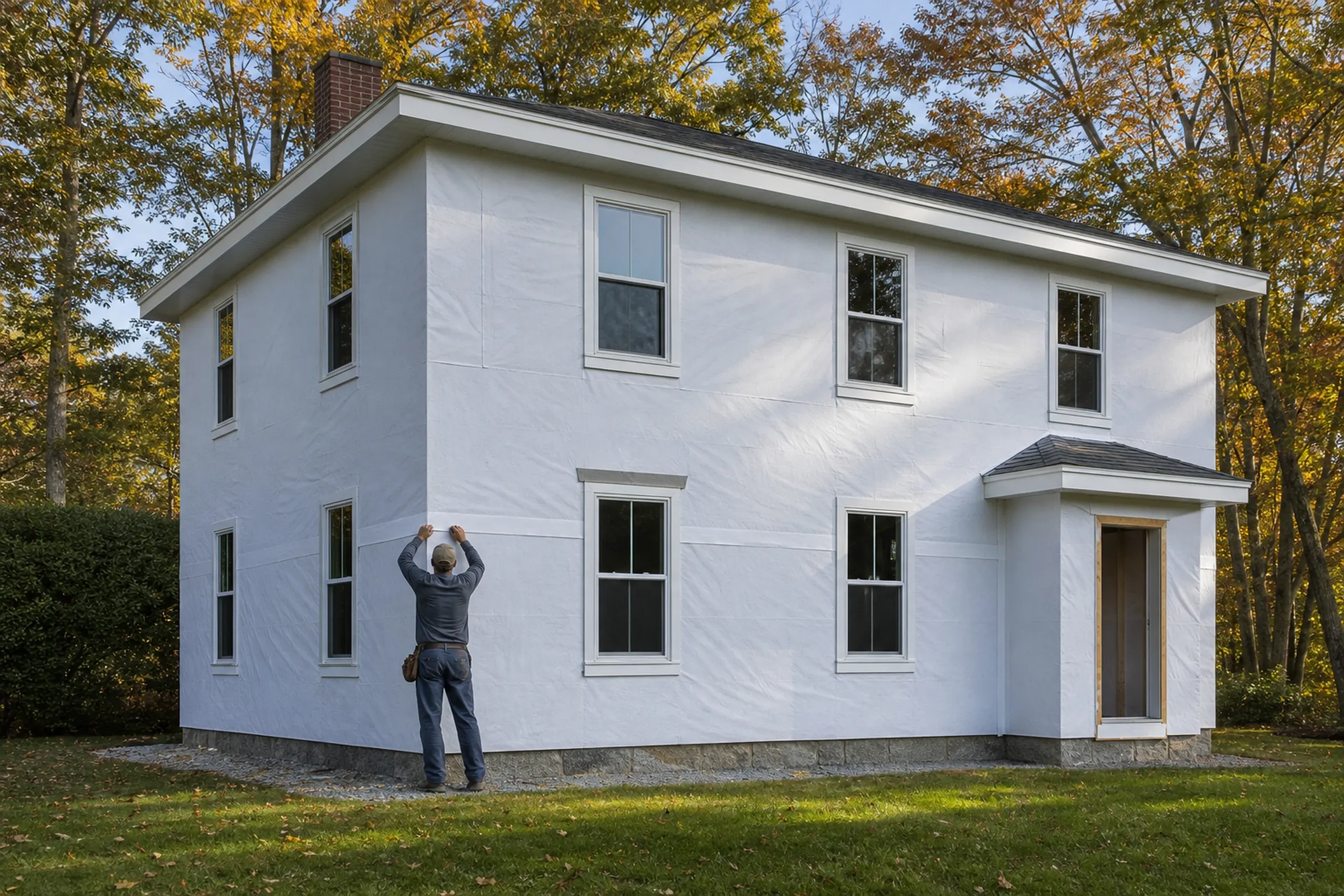 Housewrap on a Falmouth re-side: one installer, back turned, taping housewrap seams on the sheathed wall of a mid-century two-story home, fresh flashing tape across an existing window head, oak trees behind, early fall.