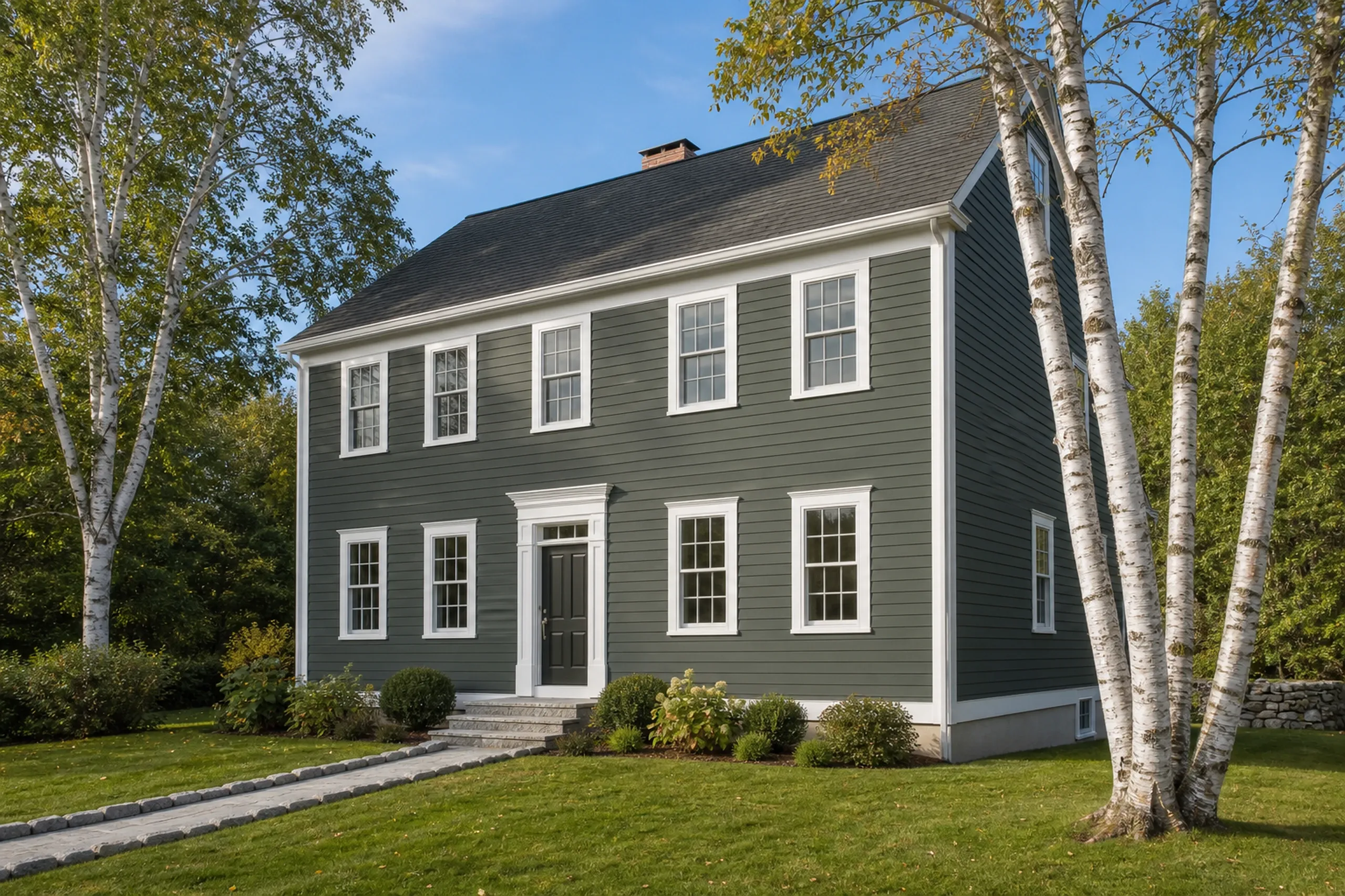 LP SmartSide on a mid-century Falmouth house: a 1950s two-story colonial finished in engineered wood lap siding painted deep gray-green, white trim, birch trees beside it, late summer.