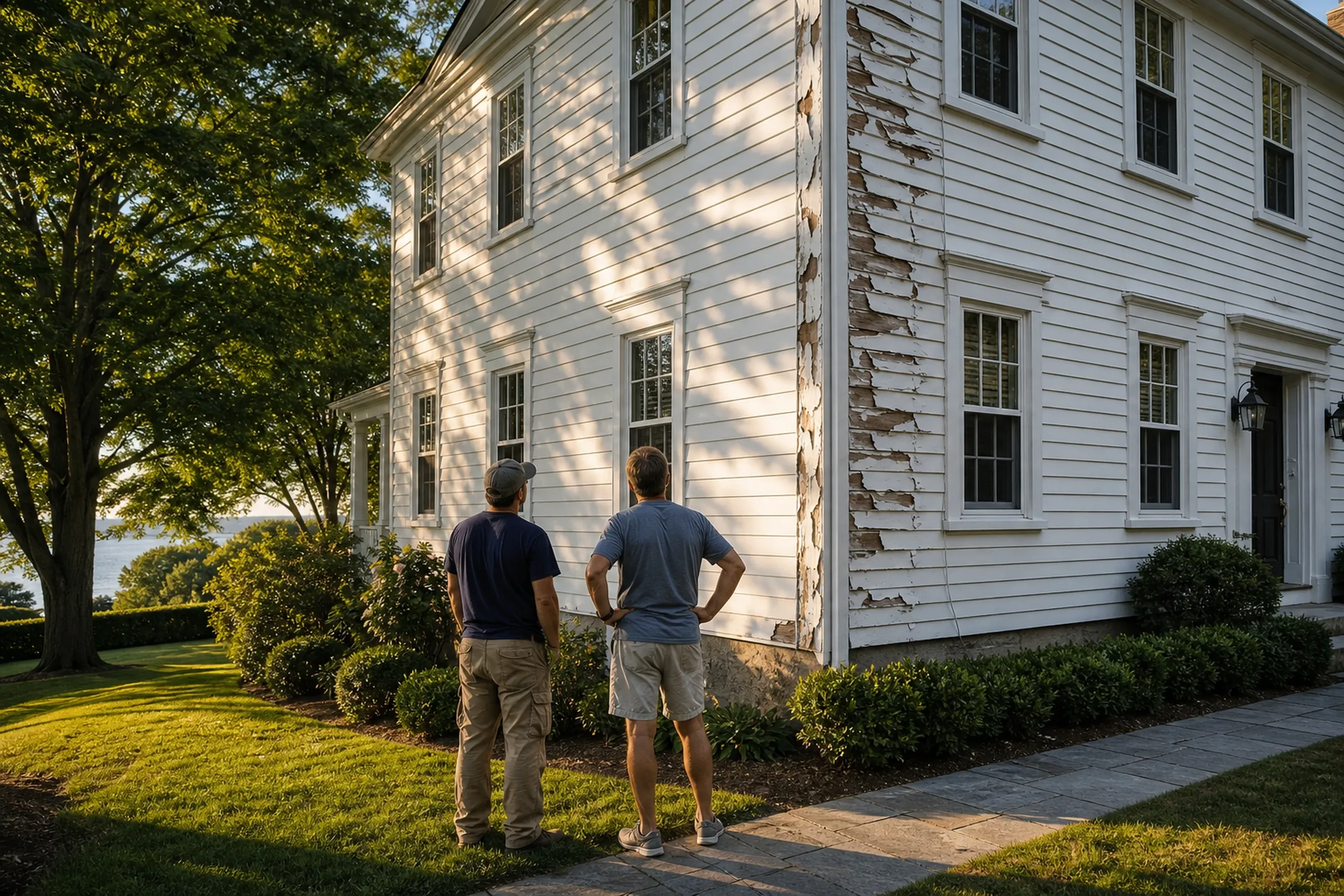 Falmouth siding first visit at a Foreside colonial: In warm late-afternoon summer light, two people, a siding installer and a homeowner, seen from behind, stand before the white clapboard front of a Falmouth Foreside colonial and look at paint peeling in strips beside a split board at the corner.