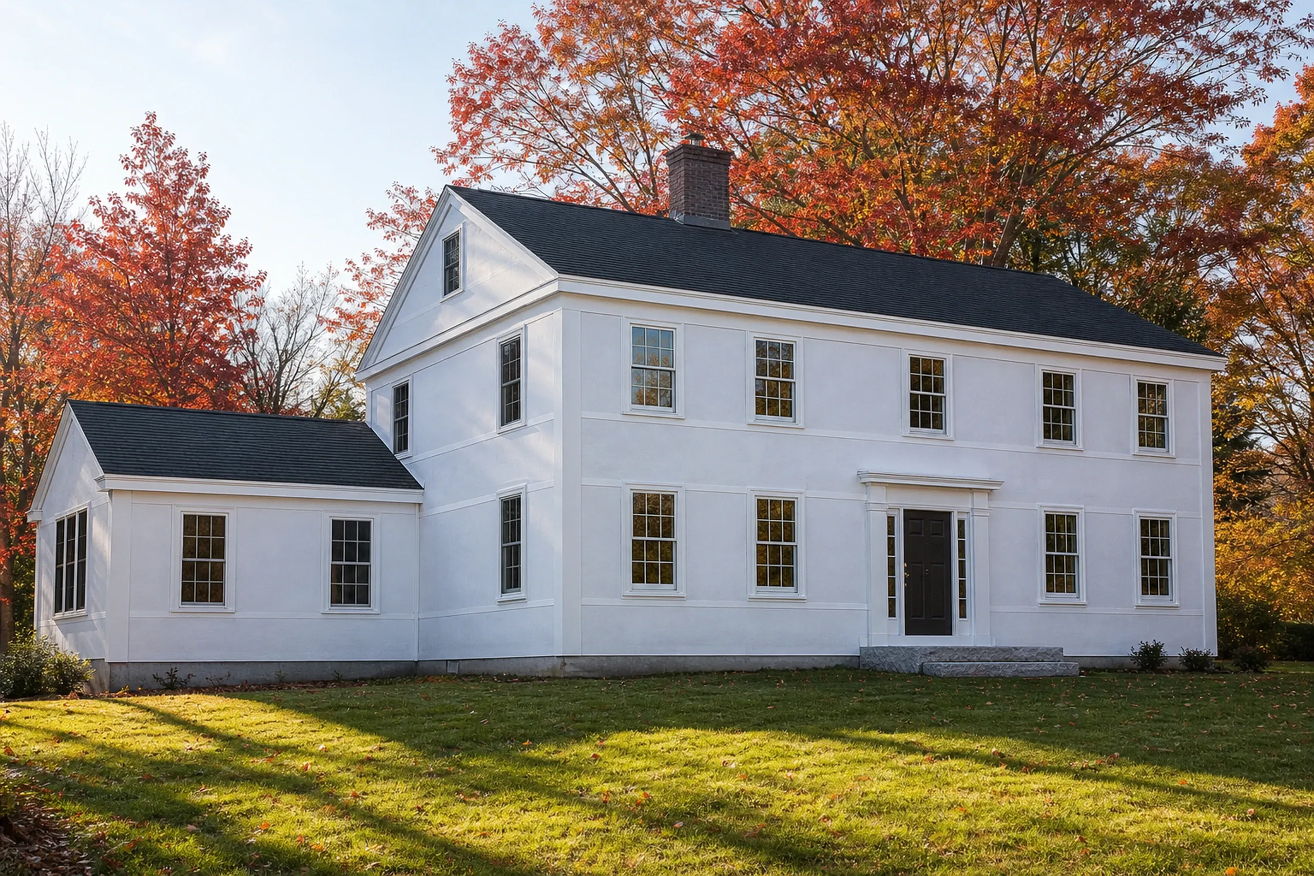 Falmouth corner boards and trim on a Foreside colonial: A Falmouth Foreside colonial wall in-progress at the corner board and trim stage, plain white housewrap across the wall, broad white corner boards and window casings fastened true and plumb, red maple leaves beyond, cool clear October morning light.