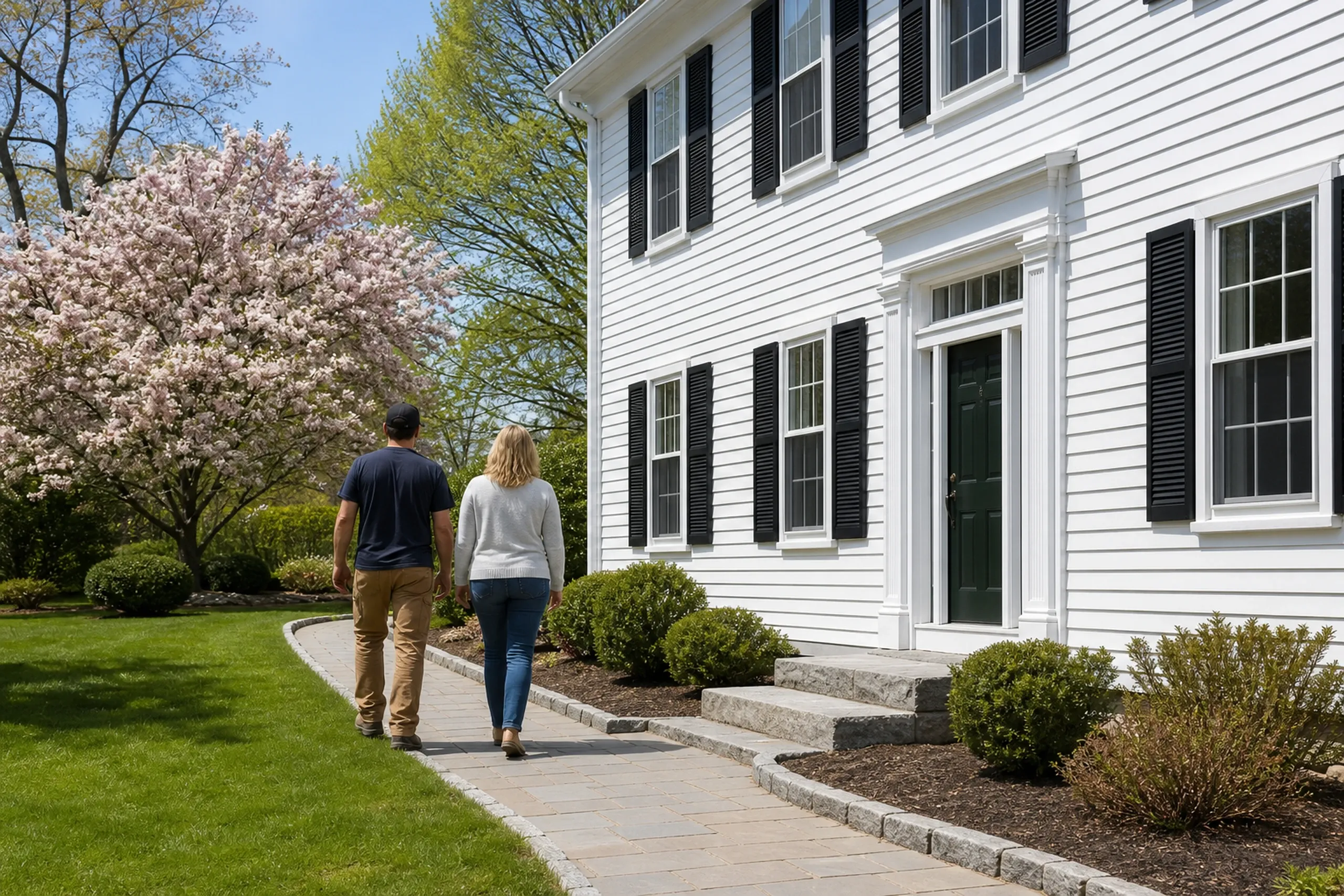 Falmouth siding final walkaround at a Foreside colonial: On a clear late-spring morning, two people, a siding installer and a homeowner, seen from behind, walk beside a re-sided Foreside colonial finished in classic white LP lap with black shutters, white corner boards and a deep green front door, a flowering crabapple beside the path.