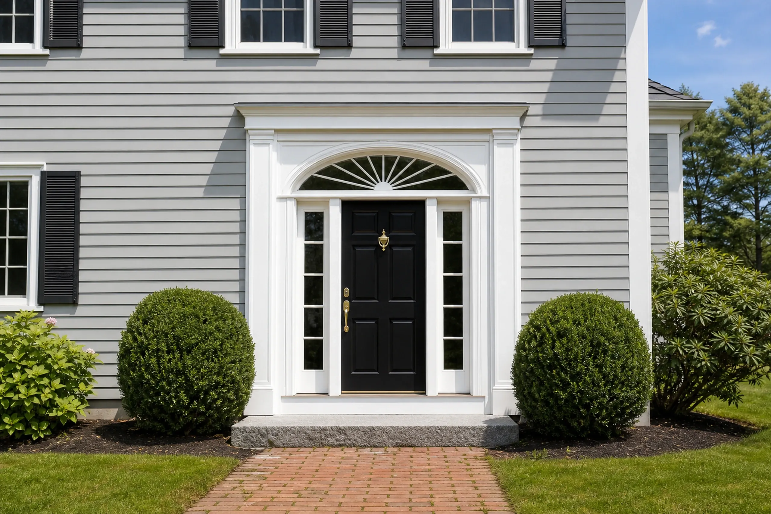 Falmouth re-sided Colonial Revival front entry: The front entry of a re-sided Falmouth Colonial Revival house, pale gray fiber cement lap around a black paneled door with a fanlight and two sidelights, white pilasters, a granite step and clipped boxwoods, bright early-summer afternoon light.