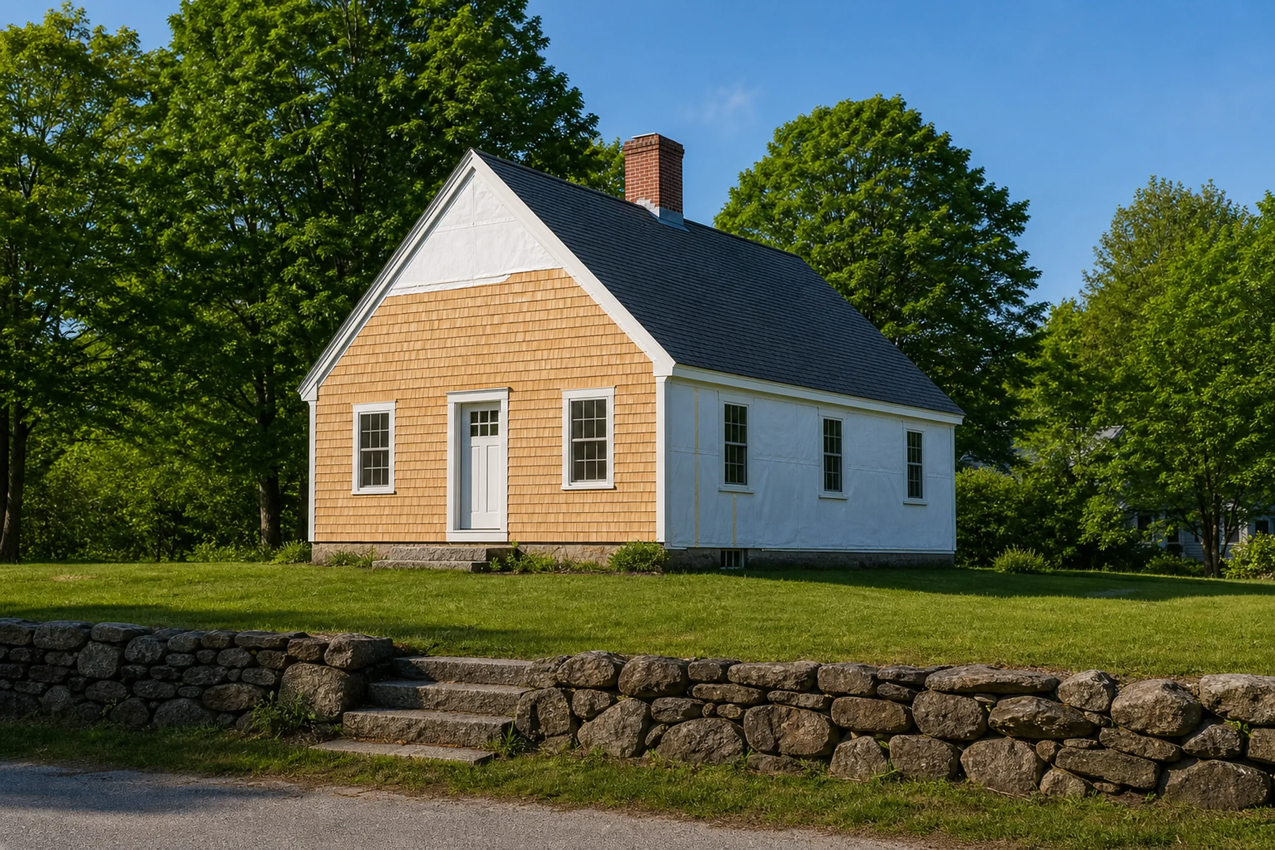 Freeport cedar re-side: new eastern white cedar shingles going up course by course on the gable end of a Federal cape, the lower courses finished and the peak still in white housewrap, summer.