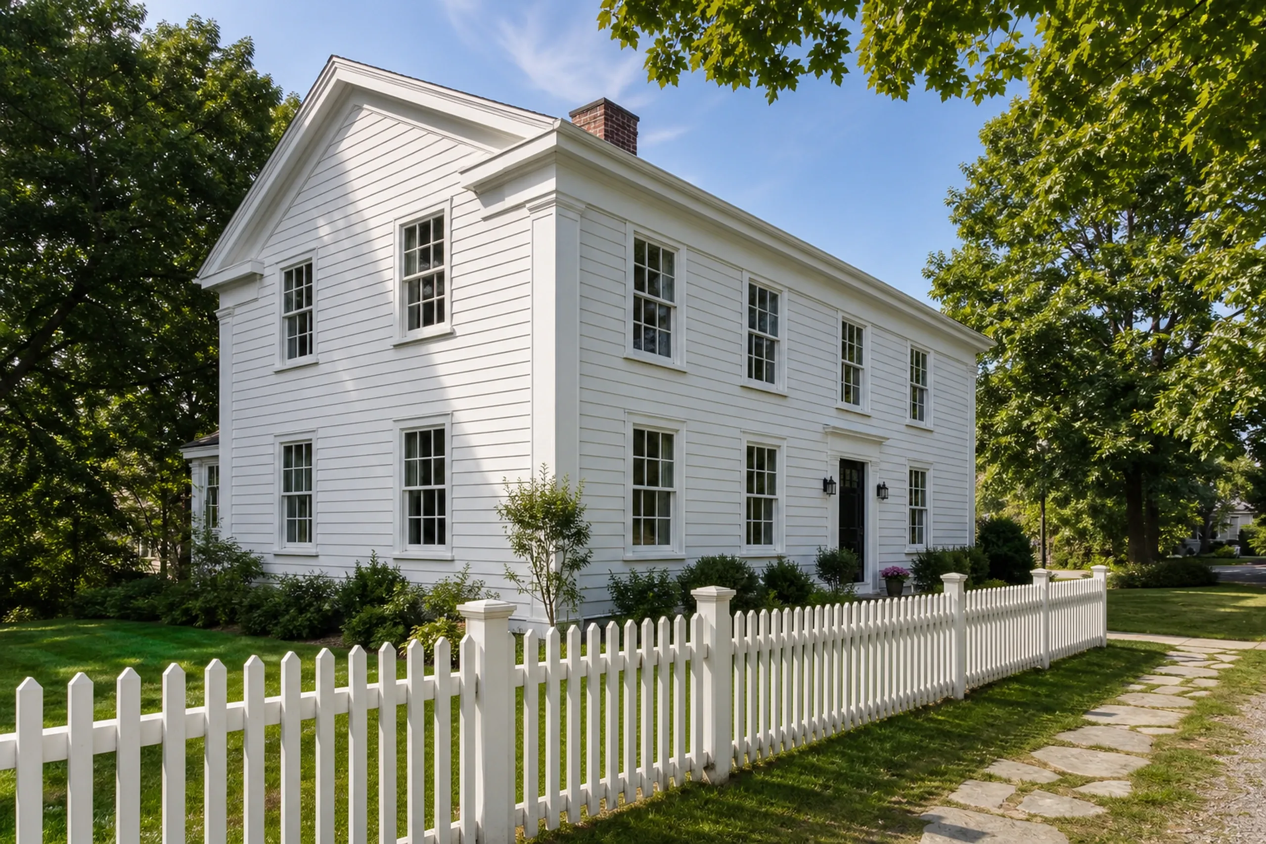 Freeport Greek Revival house: smooth fiber cement lap siding painted white with a narrow clapboard reveal, wide corner boards and a deep frieze board under the eaves, a picket fence in front, summer.