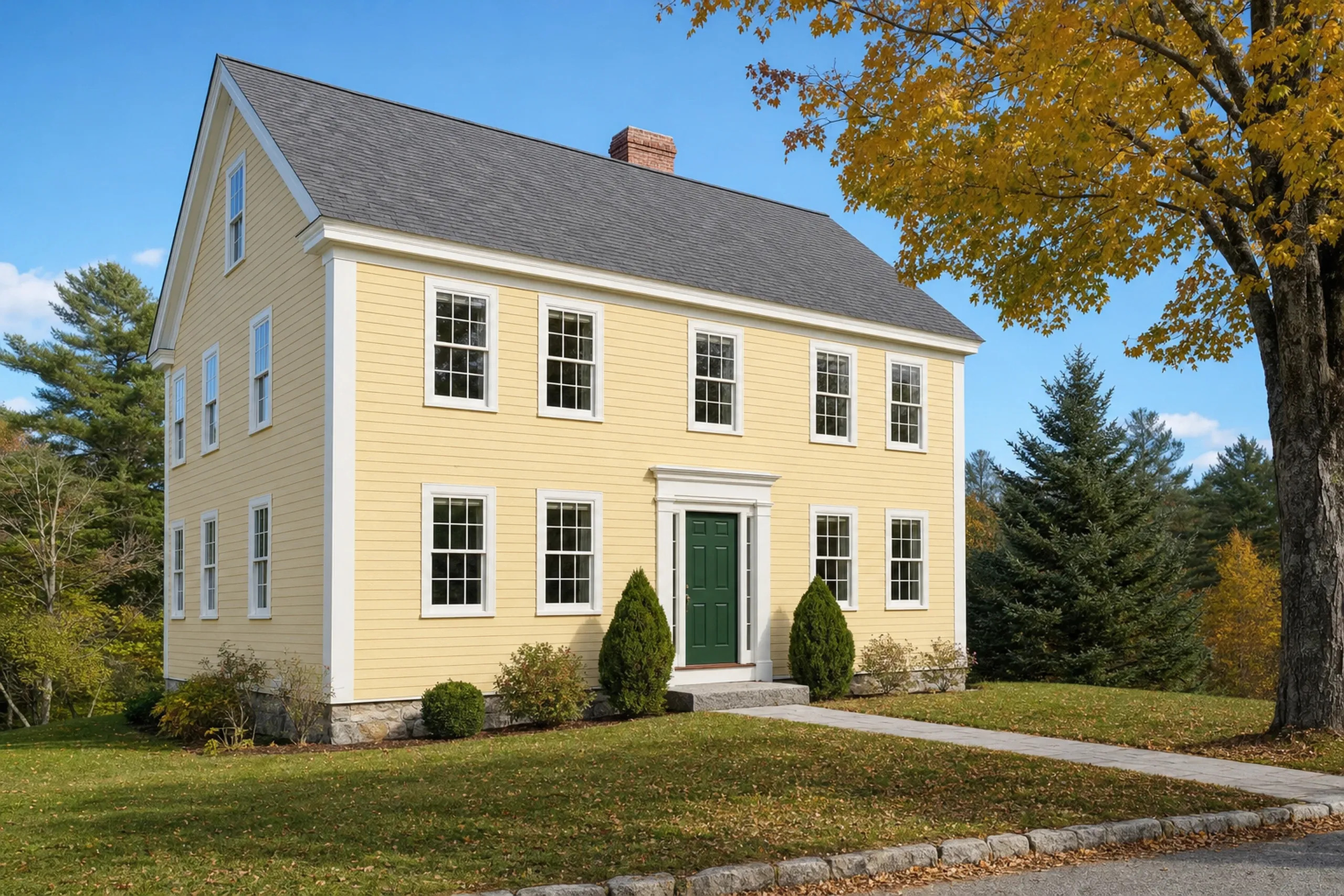 Siding installation in Freeport, ME: a two-story village colonial finished in new LP SmartSide lap siding painted pale butter yellow, crisp white corner boards and window trim, a paneled front door and a granite step under a maple, early fall.