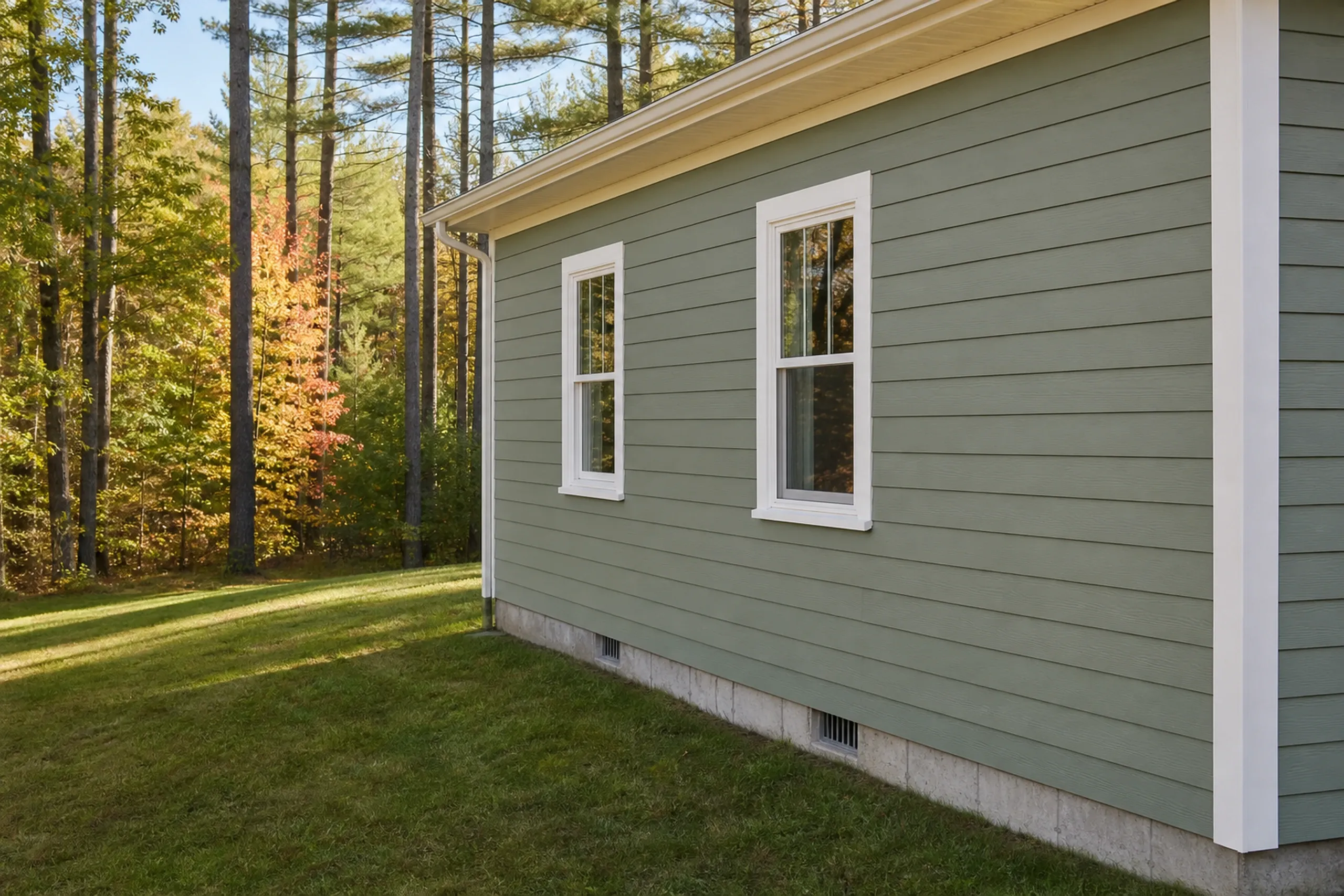 Freeport newer home: a side wall in new LP SmartSide lap siding painted sage green, white window casings and a corner board, a lawn and a stand of pines behind, early fall.