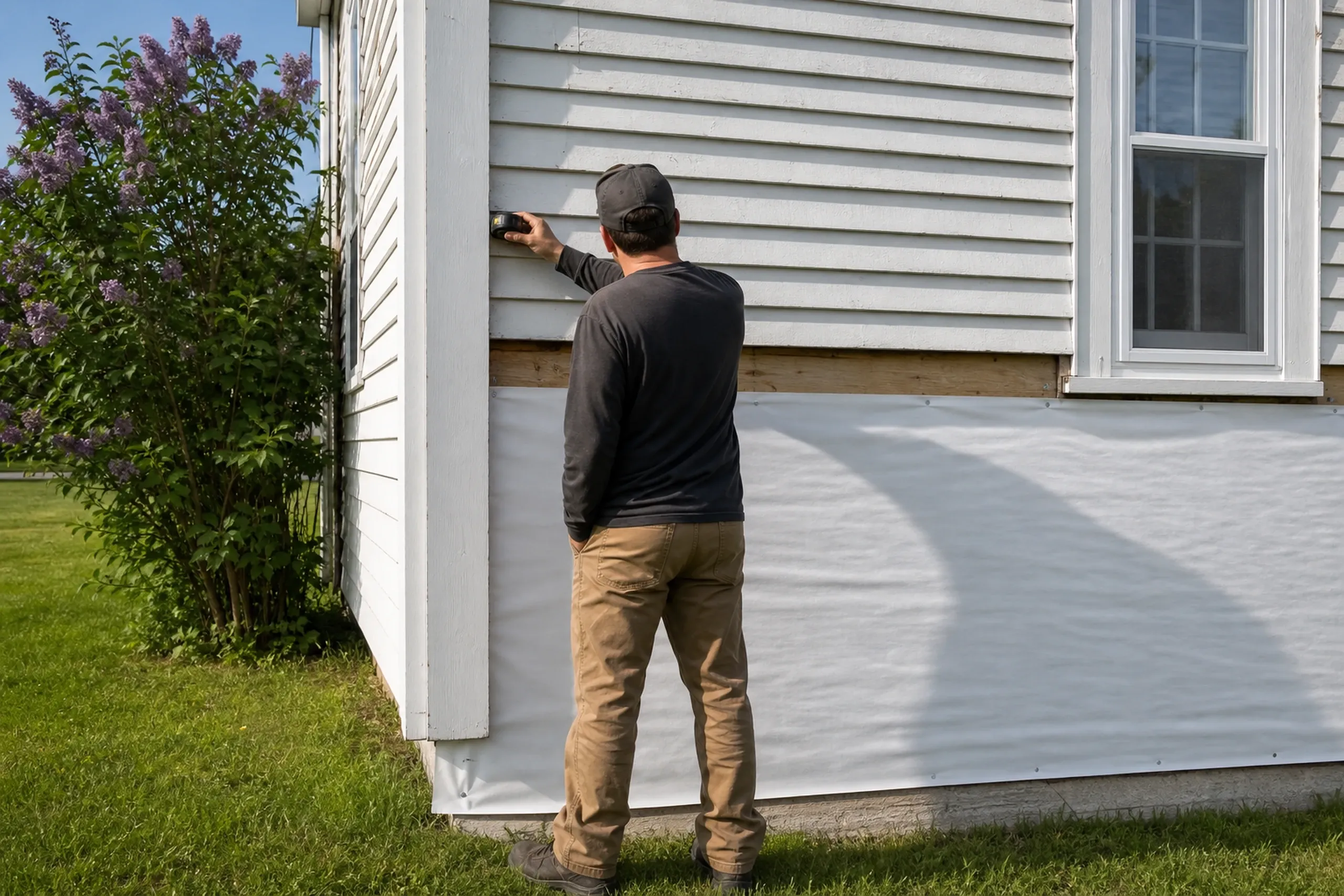 Freeport, ME reveal check: one installer seen from behind holding a tape measure against the exposure of an old wood clapboard course, the lower wall stripped to sheathing and white housewrap, late spring.