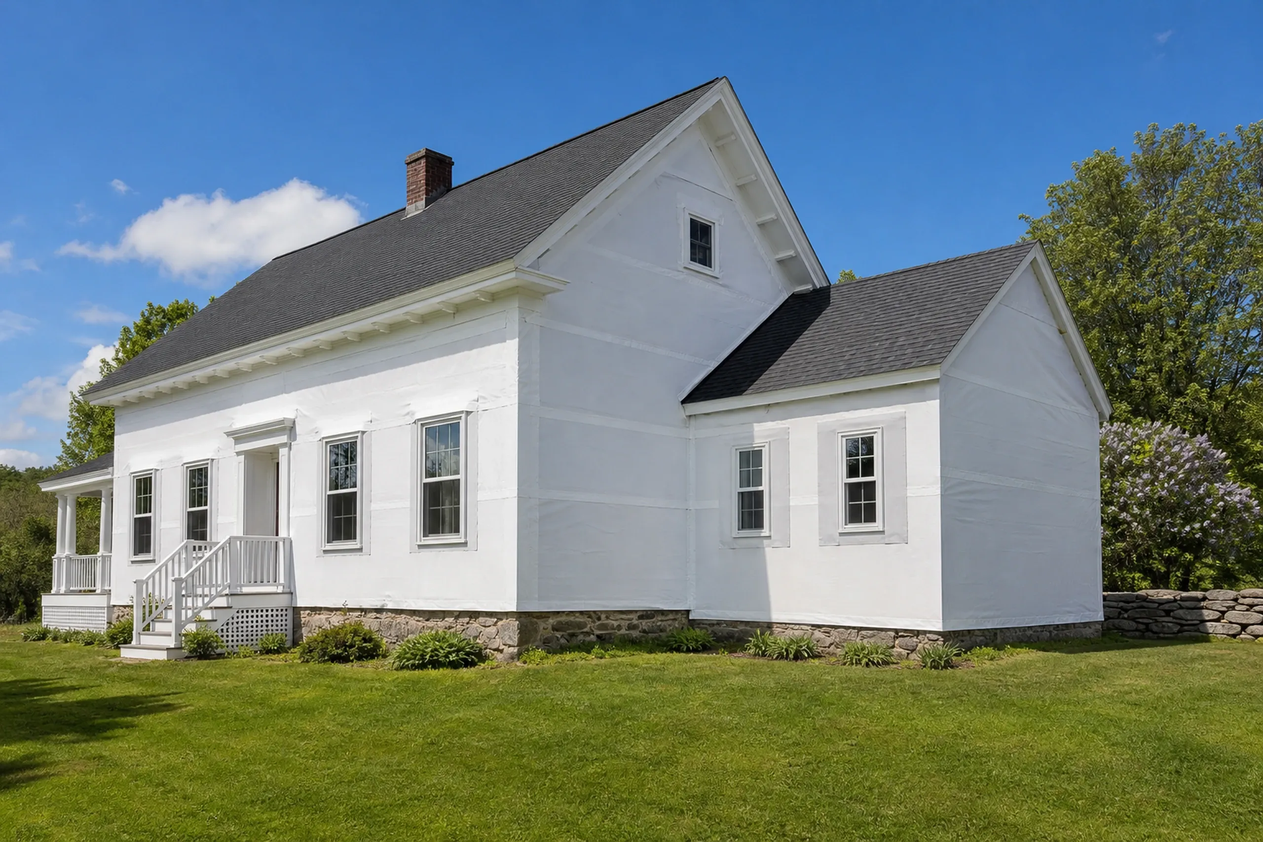Freeport housewrap and window flashing stage on a farmhouse: the side ell of a white farmhouse at the housewrap and window flashing stage, in-progress, with plain white housewrap smooth across the wall and flashing membrane lapped neatly around two window openings, a stone wall and a lilac beyond, bright early-summer afternoon light.